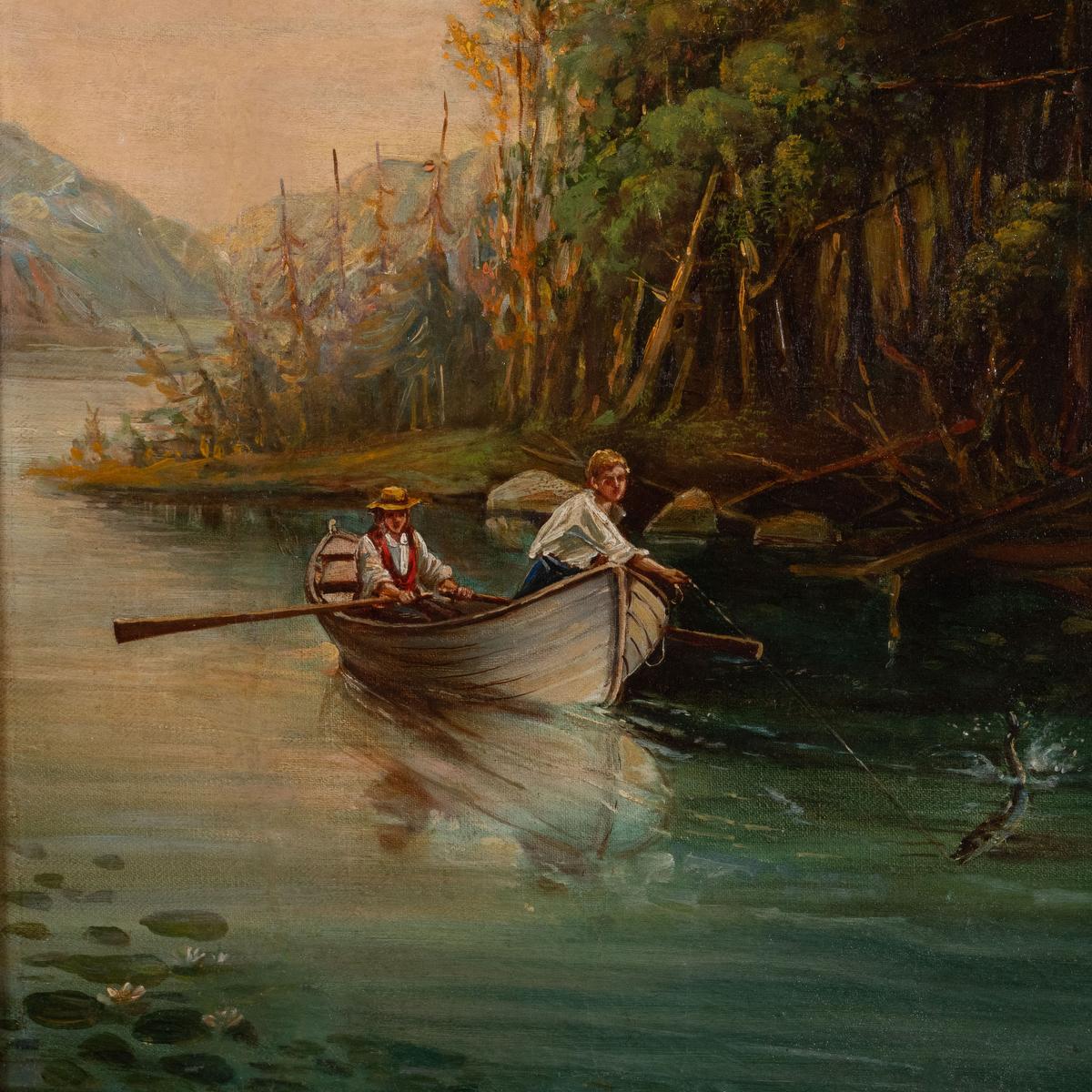 River Boat Rustic Landscape Painting In Good Condition For Sale In Tarrytown, NY