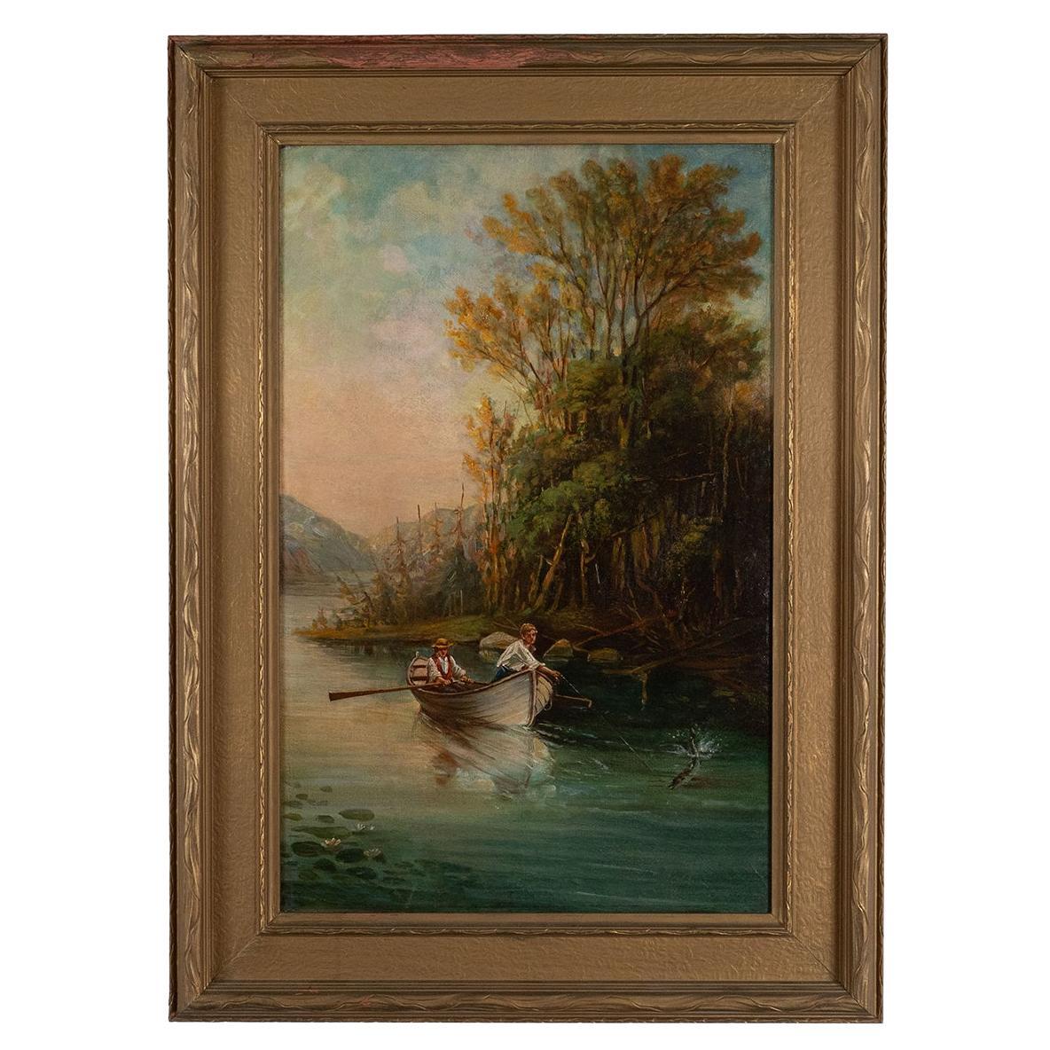 River Boat Rustic Landscape Painting For Sale