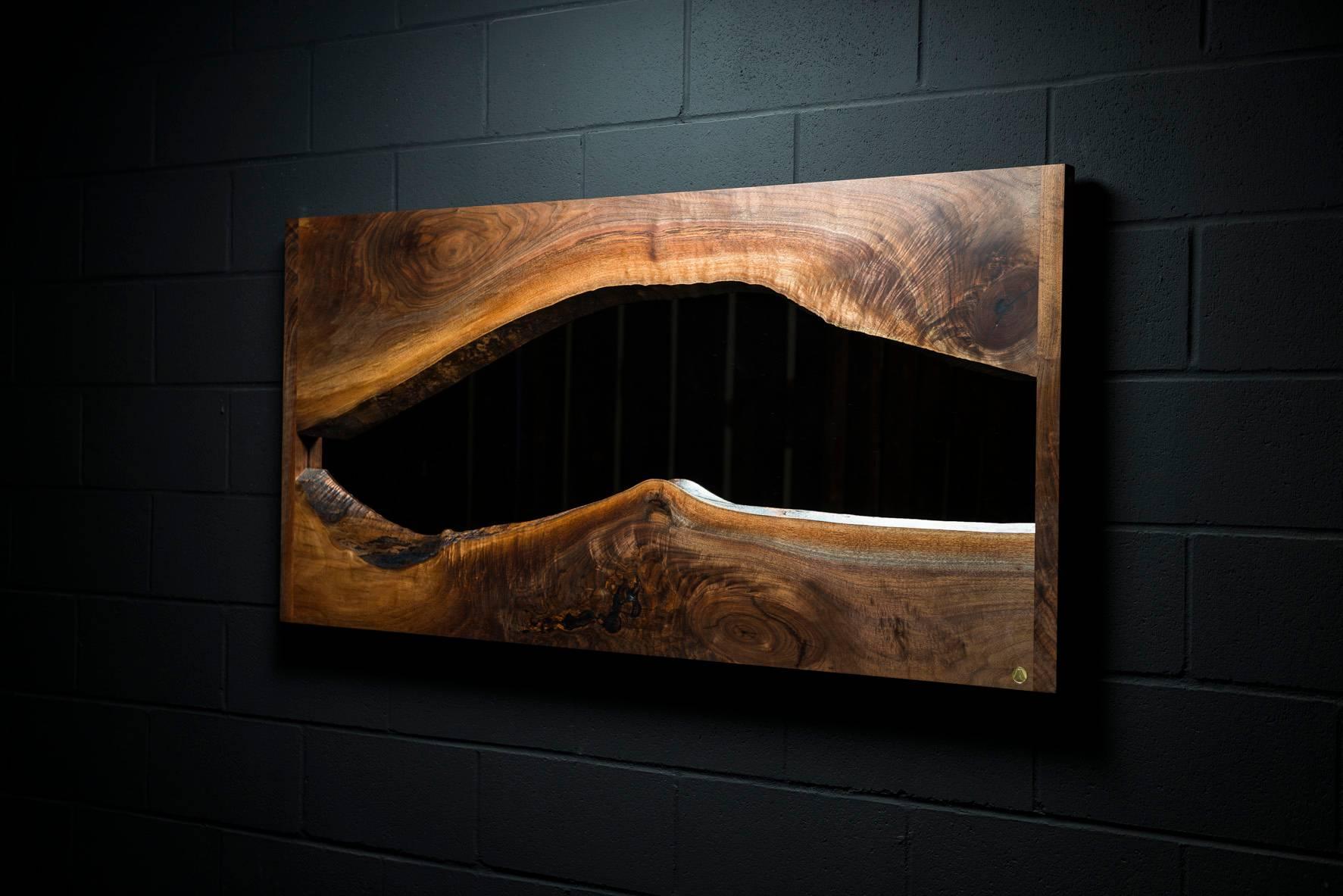 Canadian River Creek Wall Mirror No. IV, by Ambrozia in Live Edge Walnut and Solid Brass For Sale