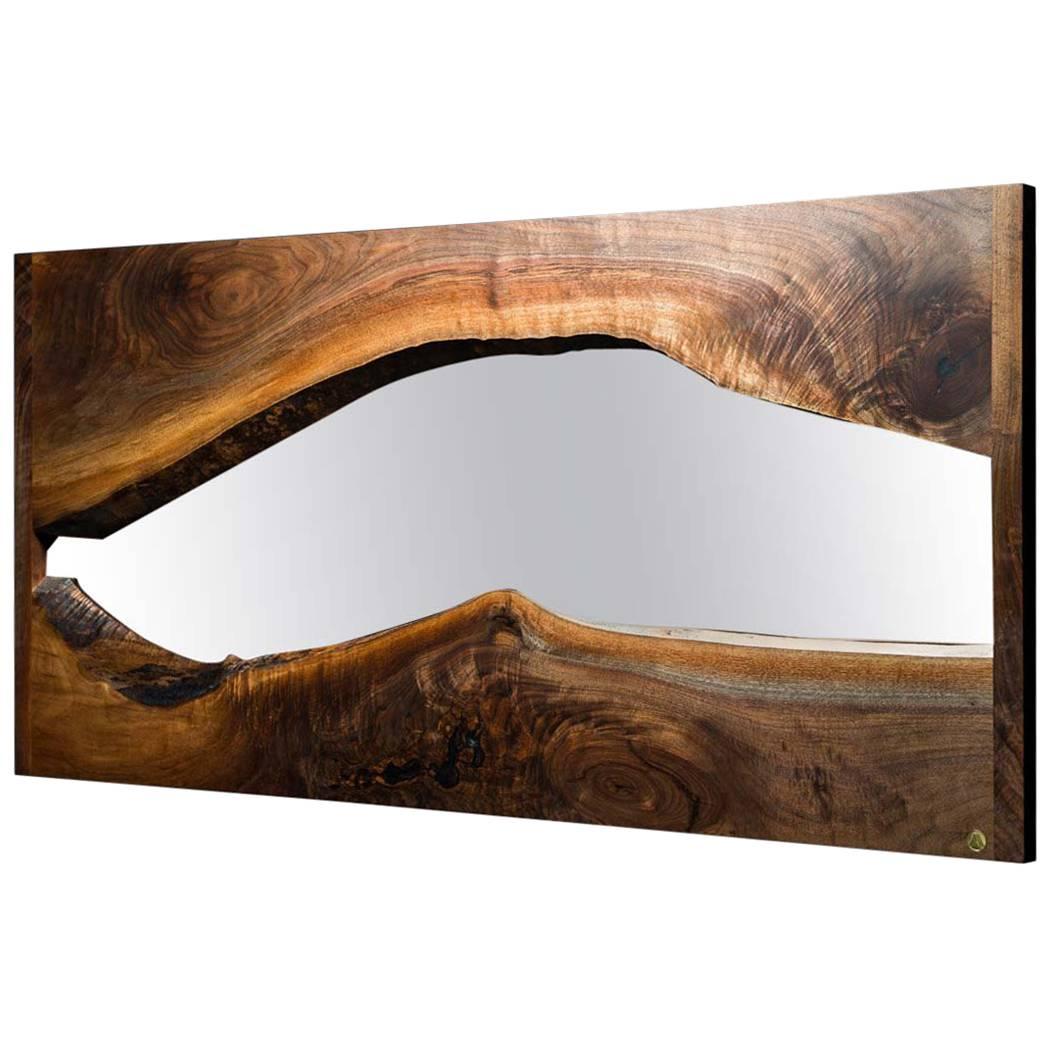 River Creek Wall Mirror No. IV, by Ambrozia in Live Edge Walnut and Solid Brass For Sale