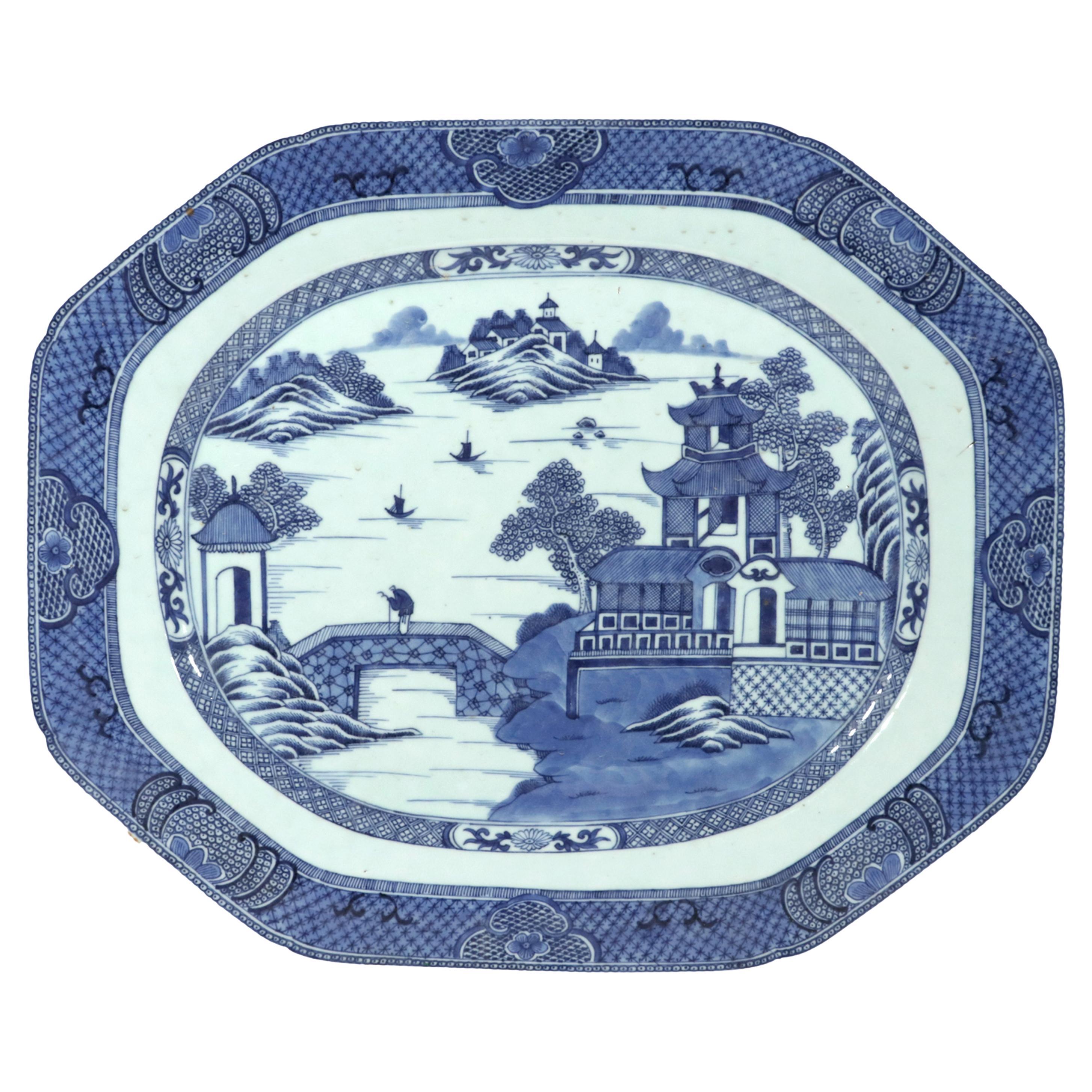 River Crossing: Chinese Export Blue & White Canton Large Dish