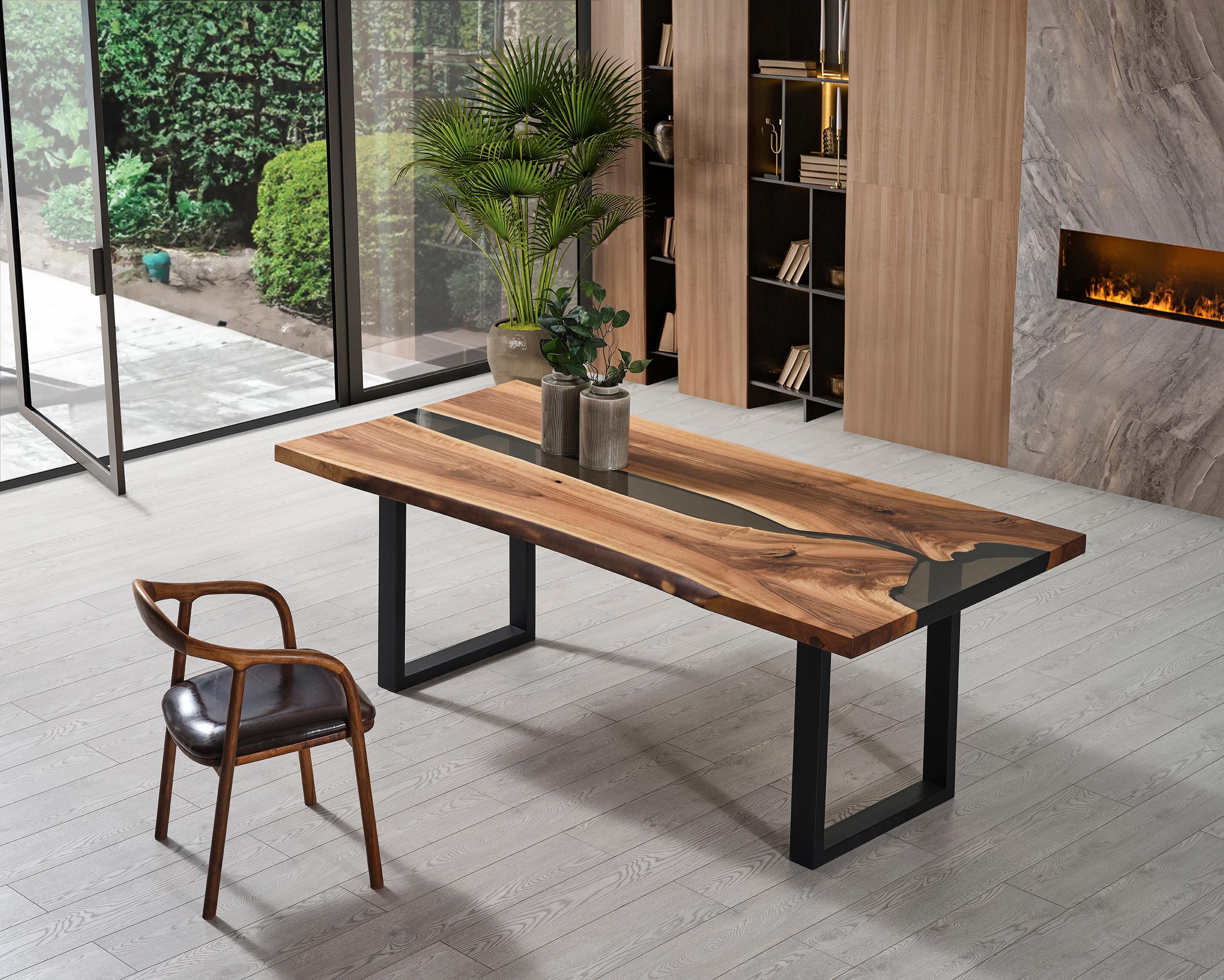 Moderno Tavolo da pranzo River Epoxy Walnut Wood - Tavolo con bordo vivo - Tavolo personalizzabile in vendita