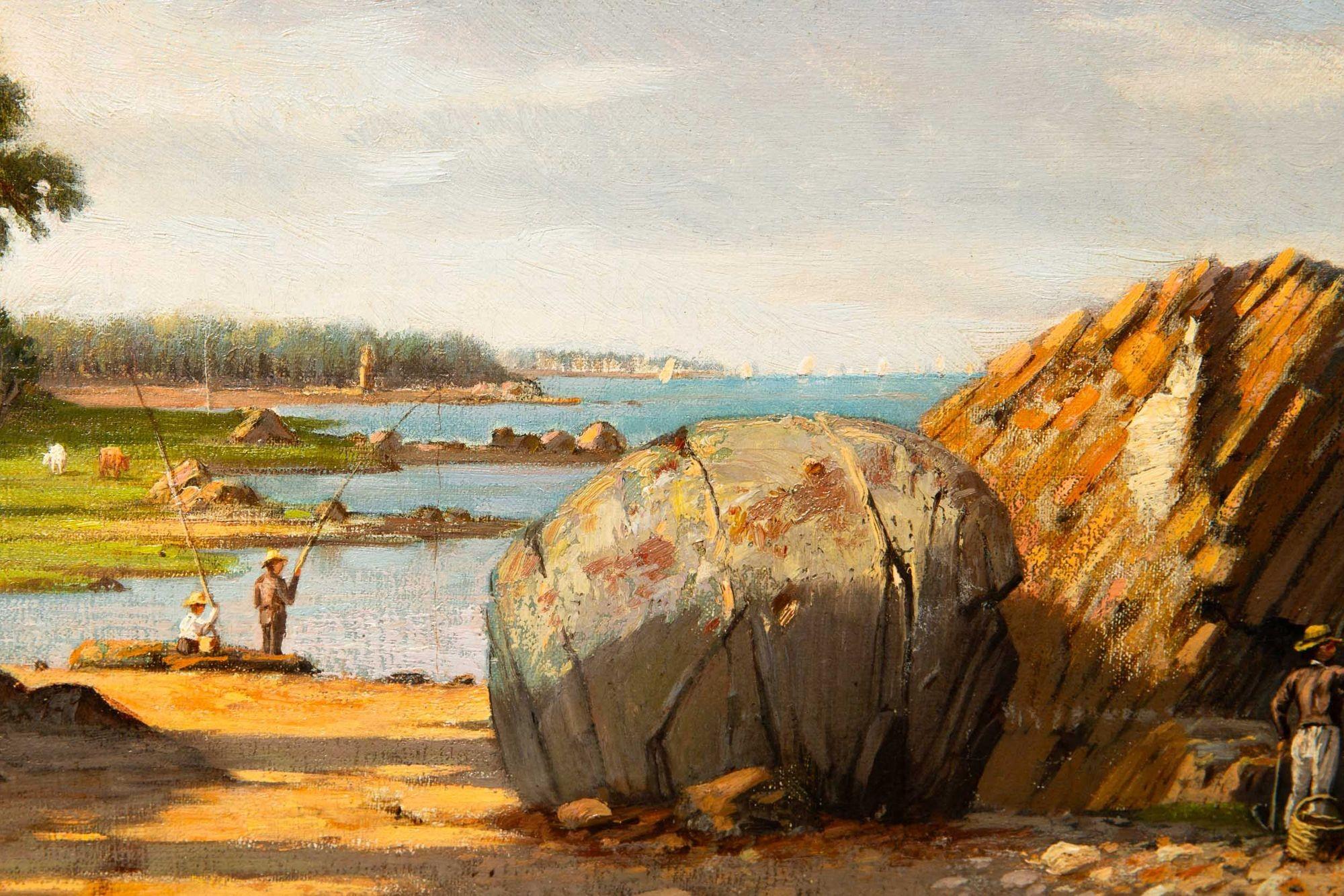 Paesaggio fluviale con pesca e vongole di Francois de Blois, 1874 ca. in vendita 13