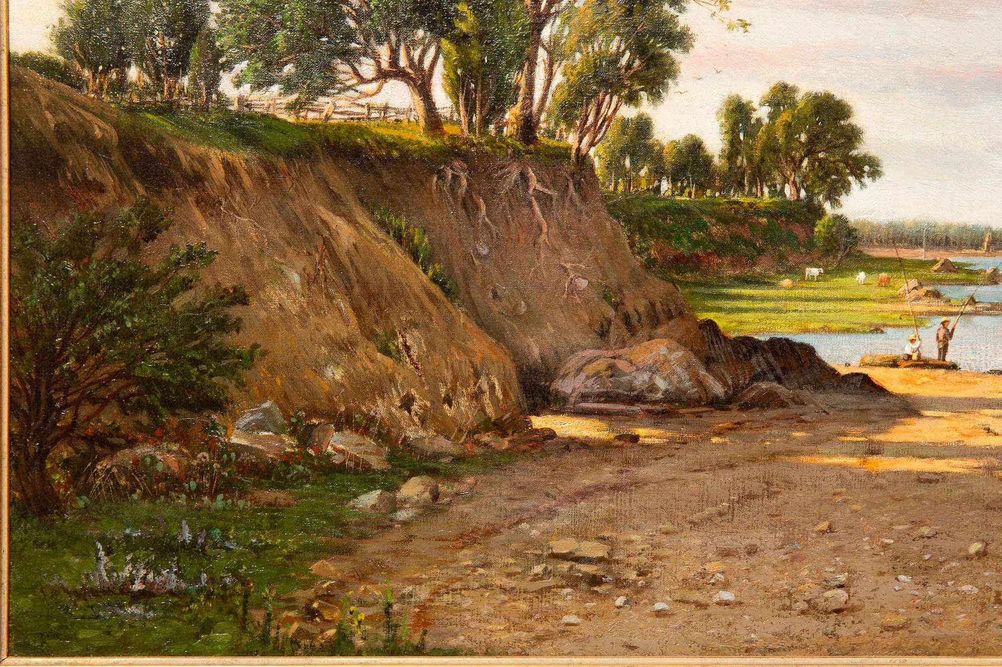 XIX secolo Paesaggio fluviale con pesca e vongole di Francois de Blois, 1874 ca. in vendita