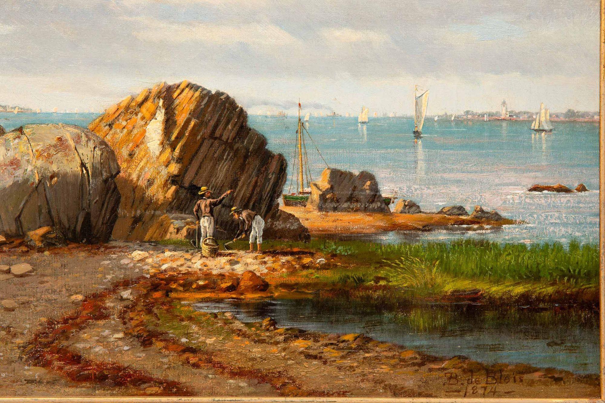 Tela Paesaggio fluviale con pesca e vongole di Francois de Blois, 1874 ca. in vendita