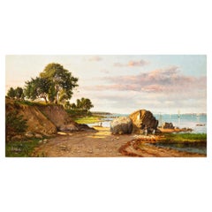 Antique River Landscape Painting of Fishing & Clamming by Francois de Blois ca. 1874