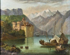 Flusslandschaft mit Schloss und Booten Europäische Schule 19. Jahrhundert