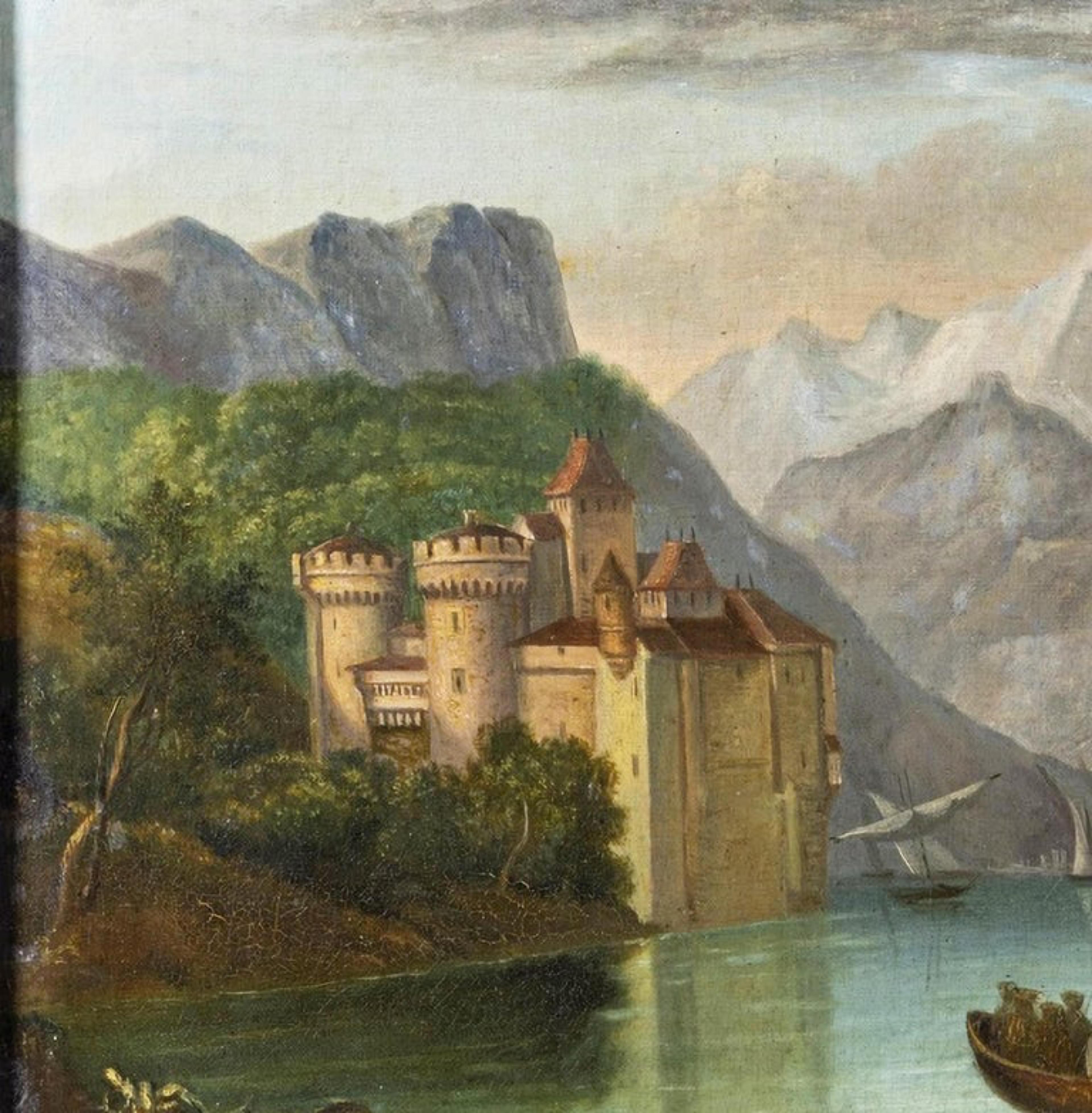 Baroque Paysage fluvial avec château et bateaux École européenne 19ème siècle en vente