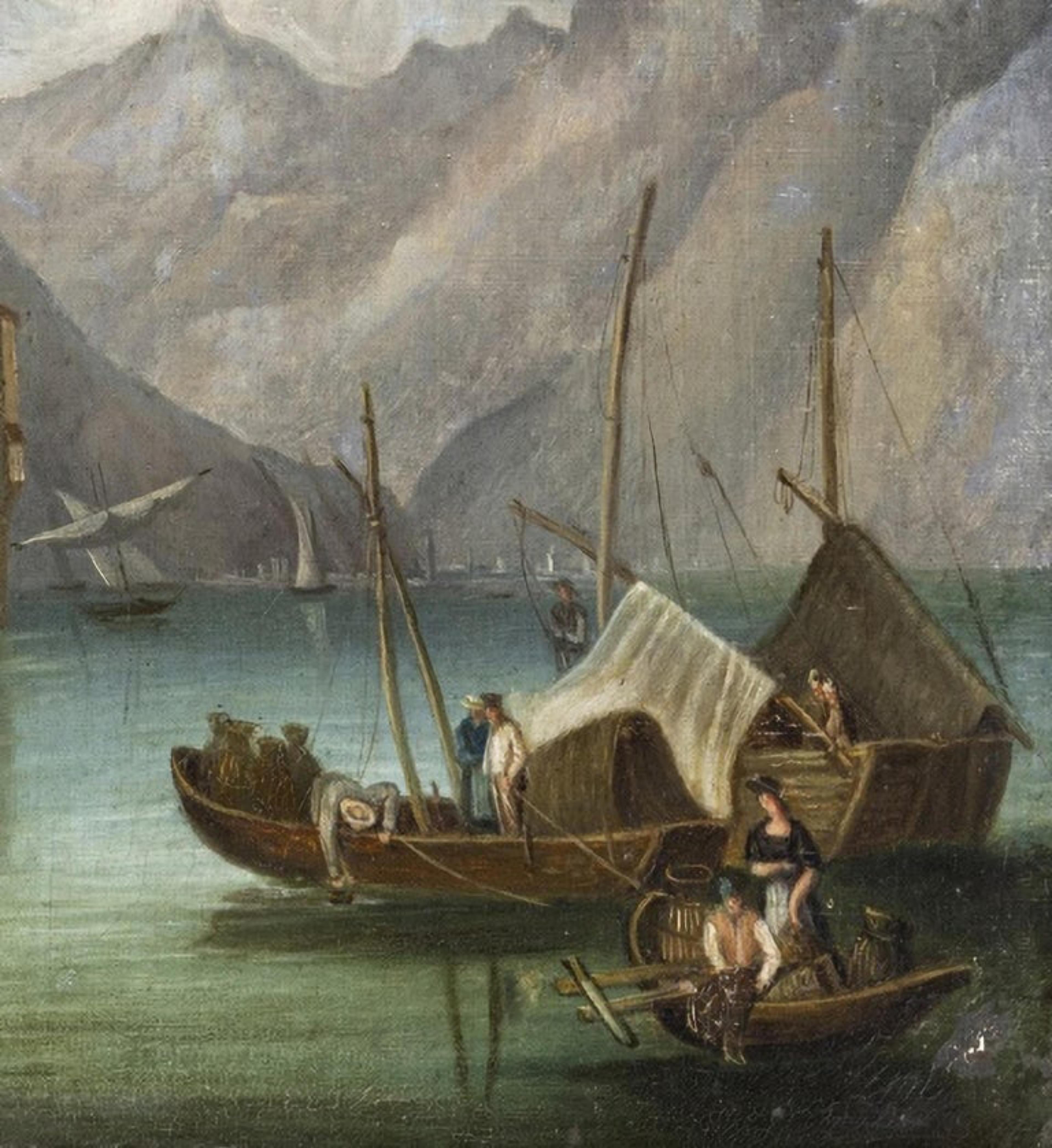 italien Paysage fluvial avec château et bateaux École européenne 19ème siècle en vente