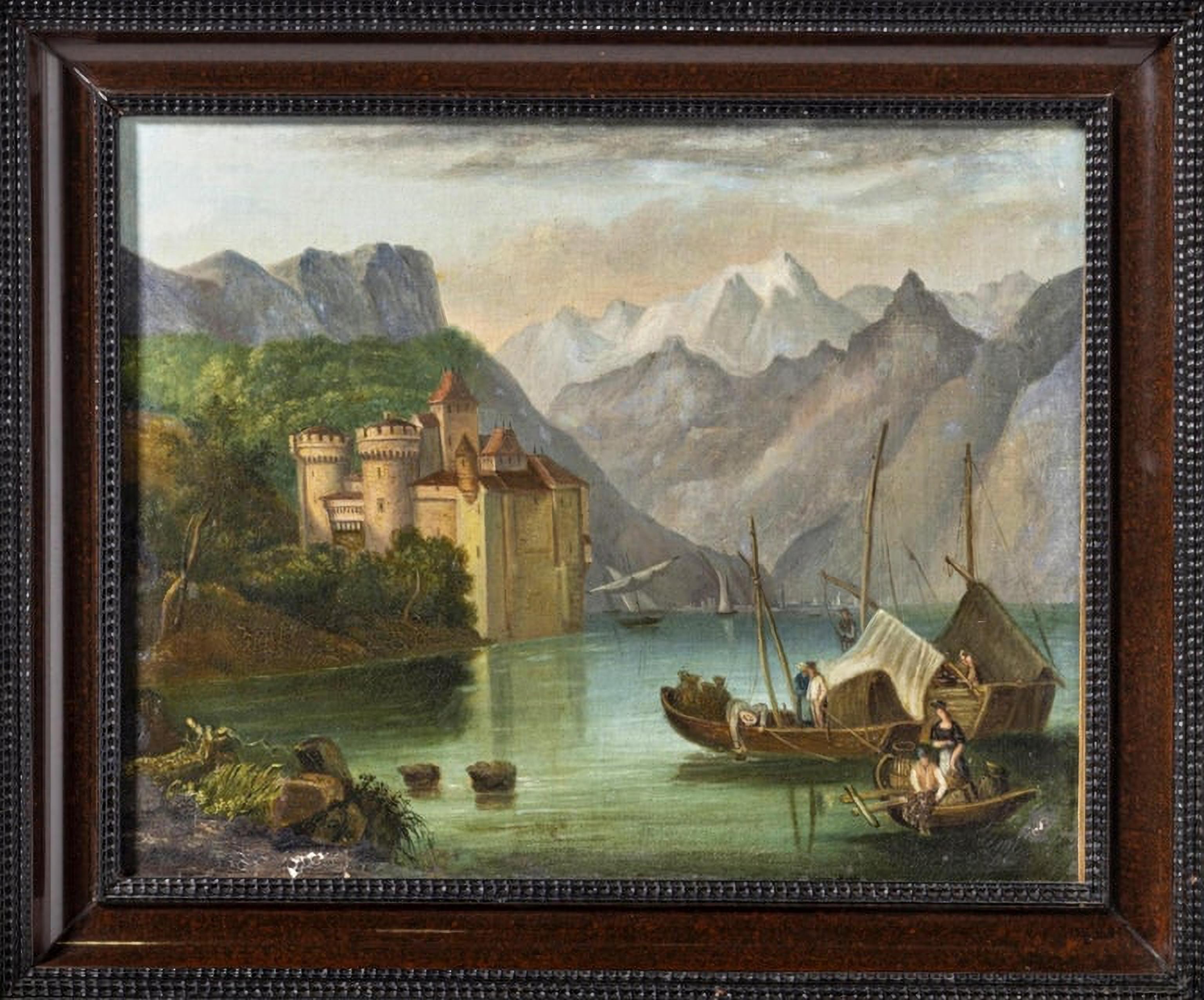River Landscape with Castle and Boats European School 19th Century In Good Condition For Sale In Madrid, ES