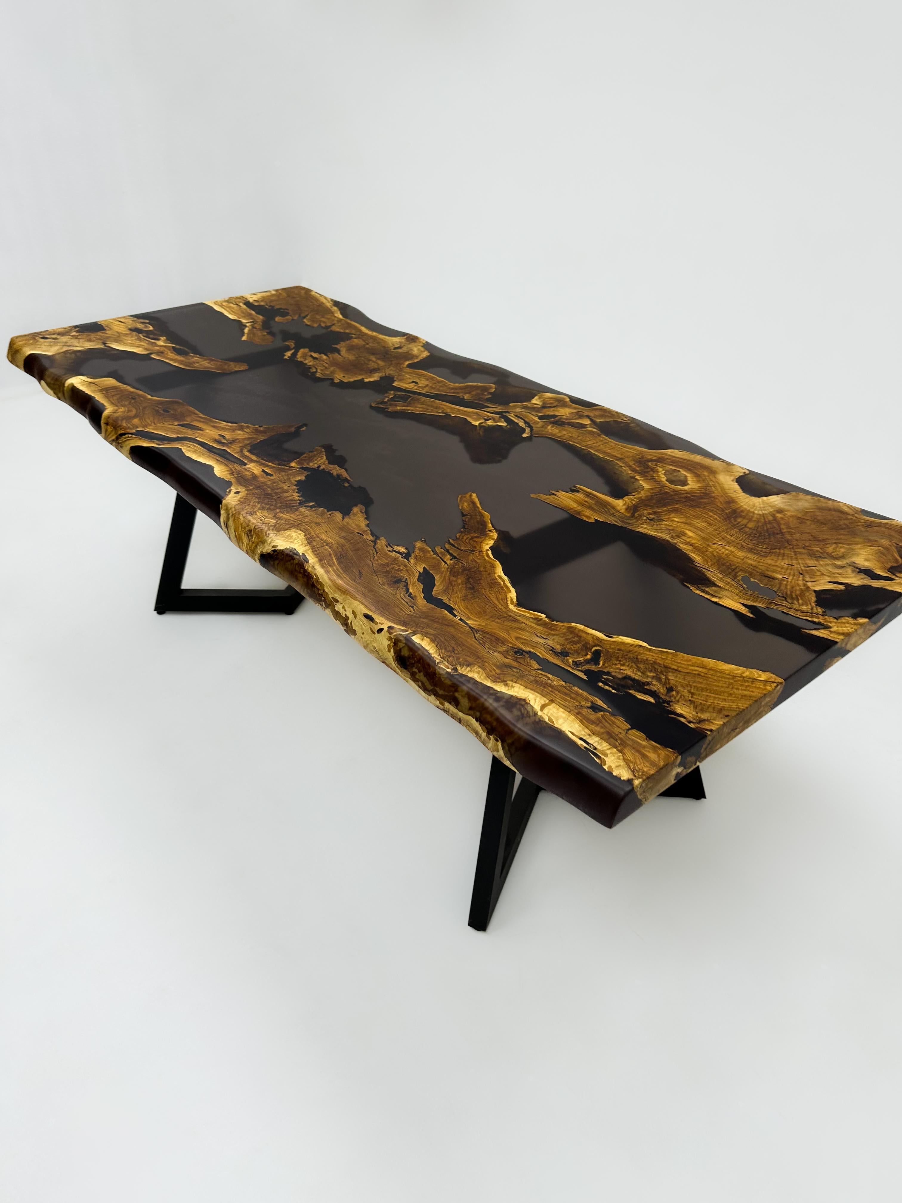 Scandinavian Modern River Olive Epoxy Table - Live Edge River Dining Table - Custom Epoxy Table For Sale