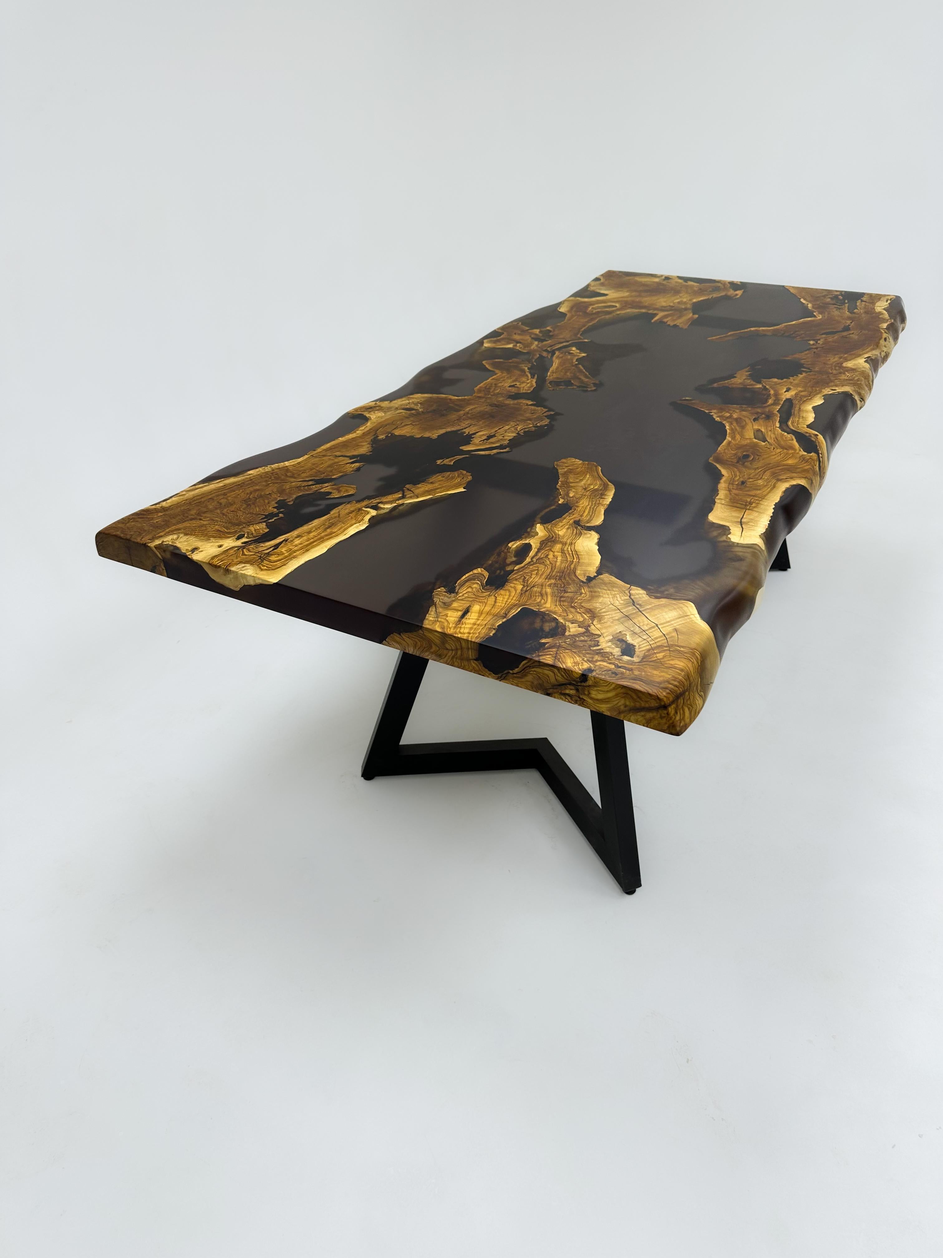 Turkish River Olive Epoxy Table - Live Edge River Dining Table - Custom Epoxy Table For Sale