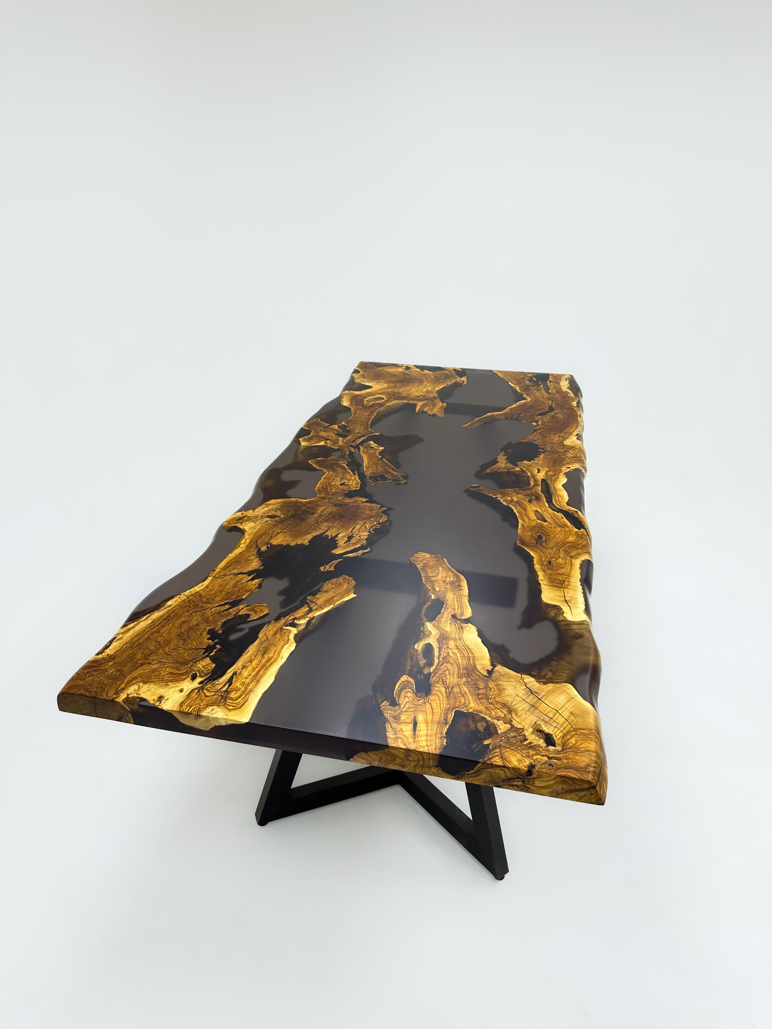 Brushed River Olive Epoxy Table - Live Edge River Dining Table - Custom Epoxy Table For Sale
