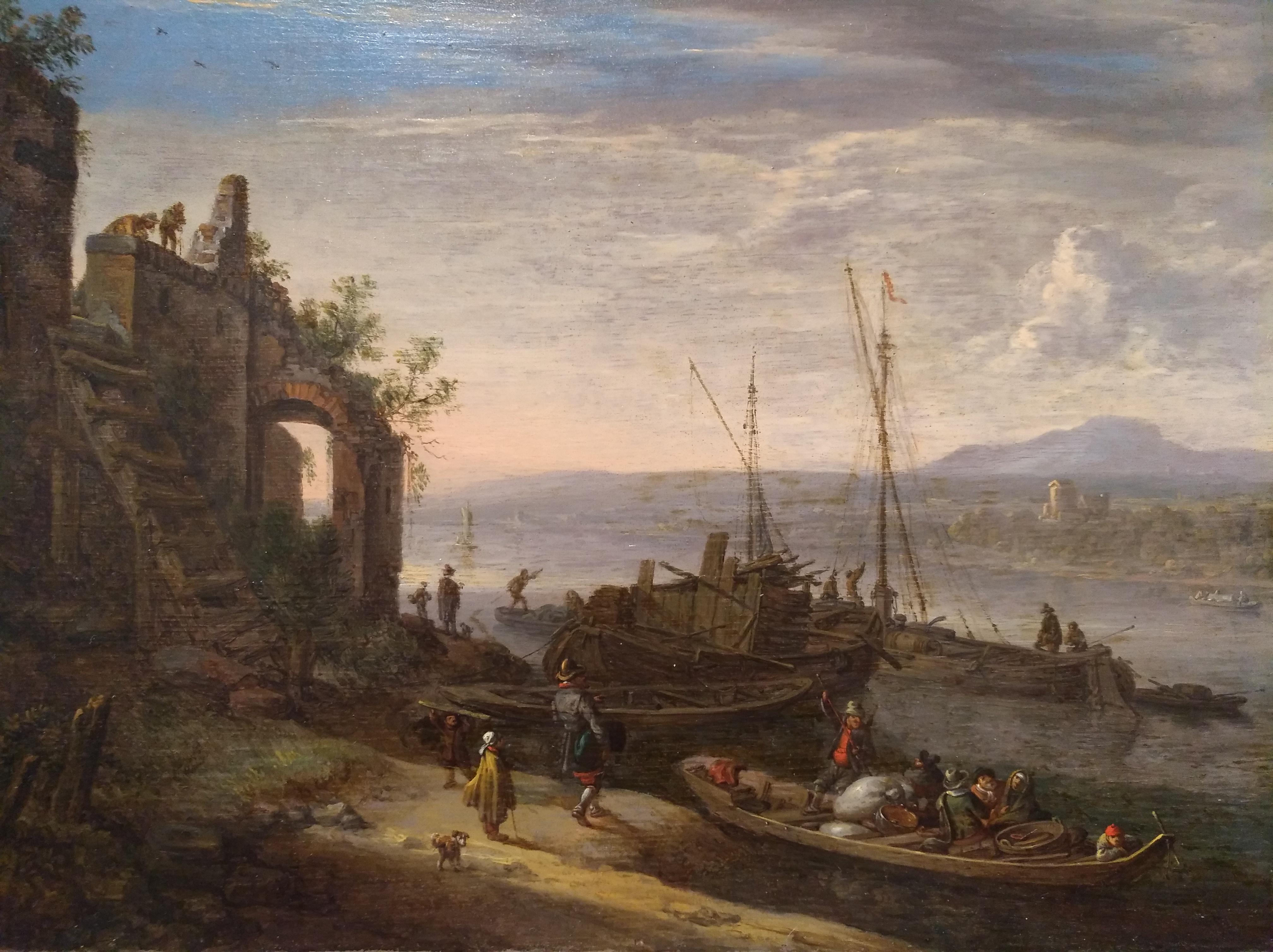 Herman Saftleven( Rotterdam 1609-Utrecht 1685)
Harbor scene (Probably the Reno river or Moselle in Germany)
Oil on wood
Signed on the wood on the back

He was born into a family of artists: Both his father Herman, who was his first teacher and