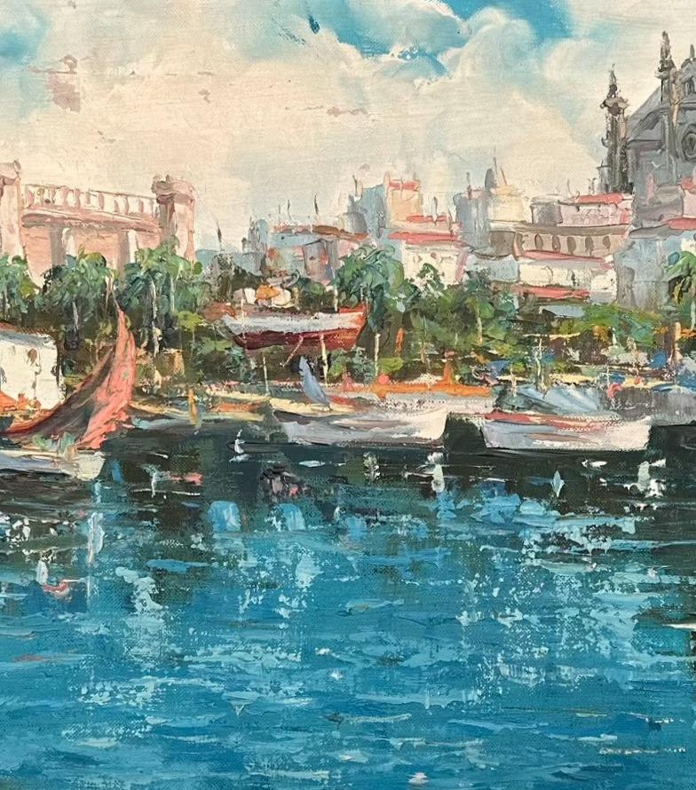 Spanish River Scene of a European City Oil Painting For Sale