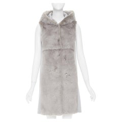 RIVER SKIN grey wool blend real fur panelled hooded long line gilet vest S