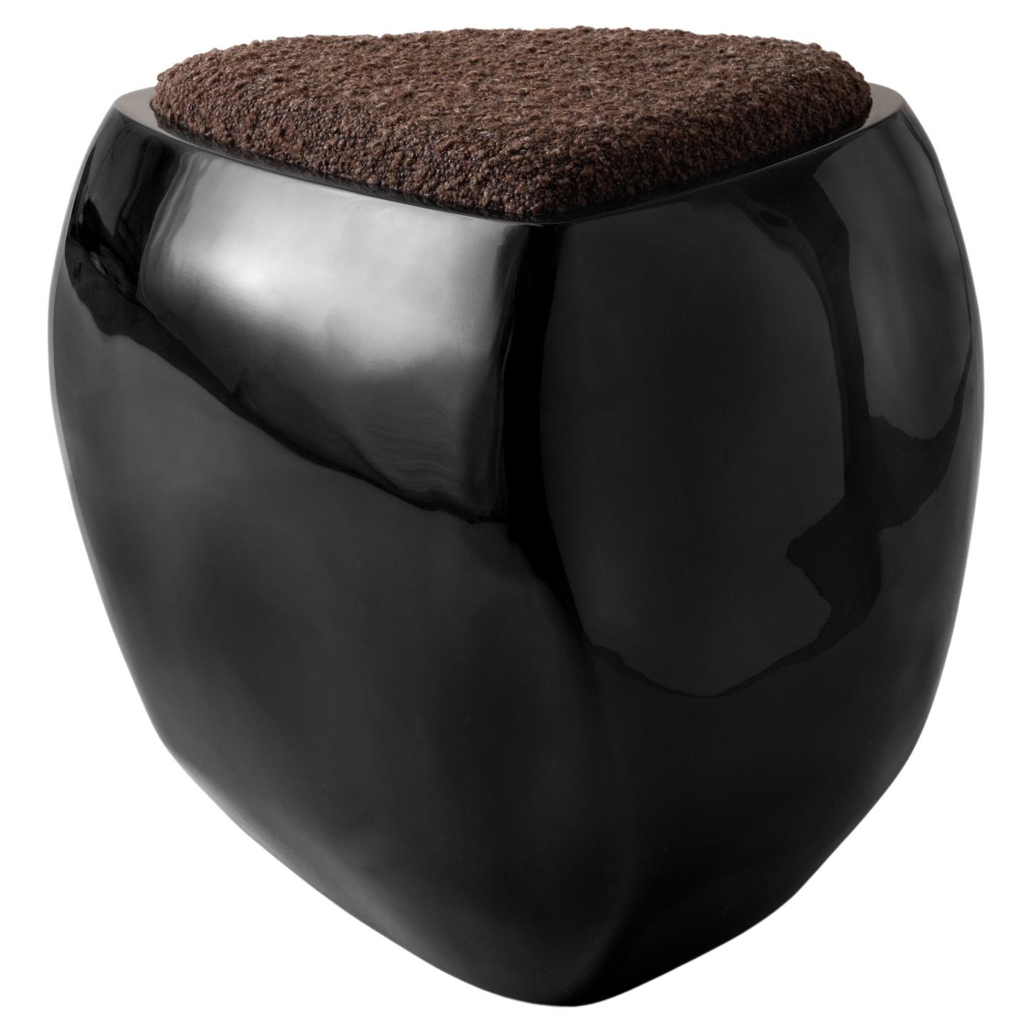River Stool in Black High Gloss with Boucle For Sale
