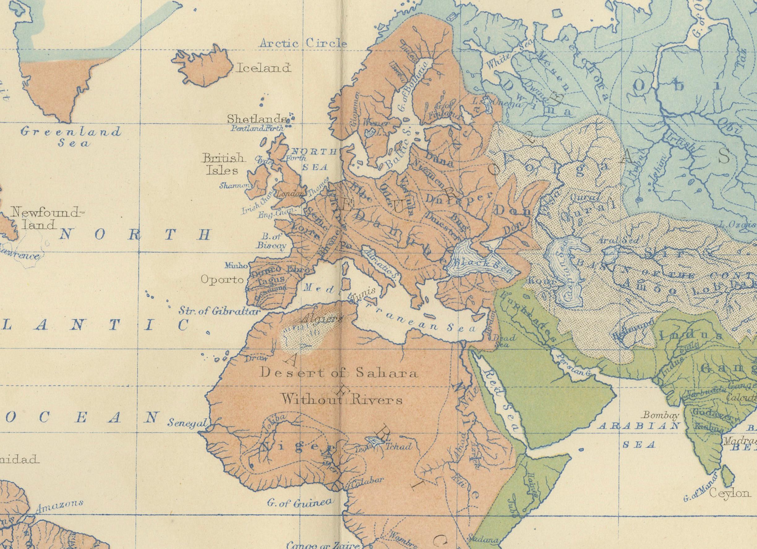 19th Century River Systems Map of the World by A.K. Johnston – Educational Print 1852 For Sale