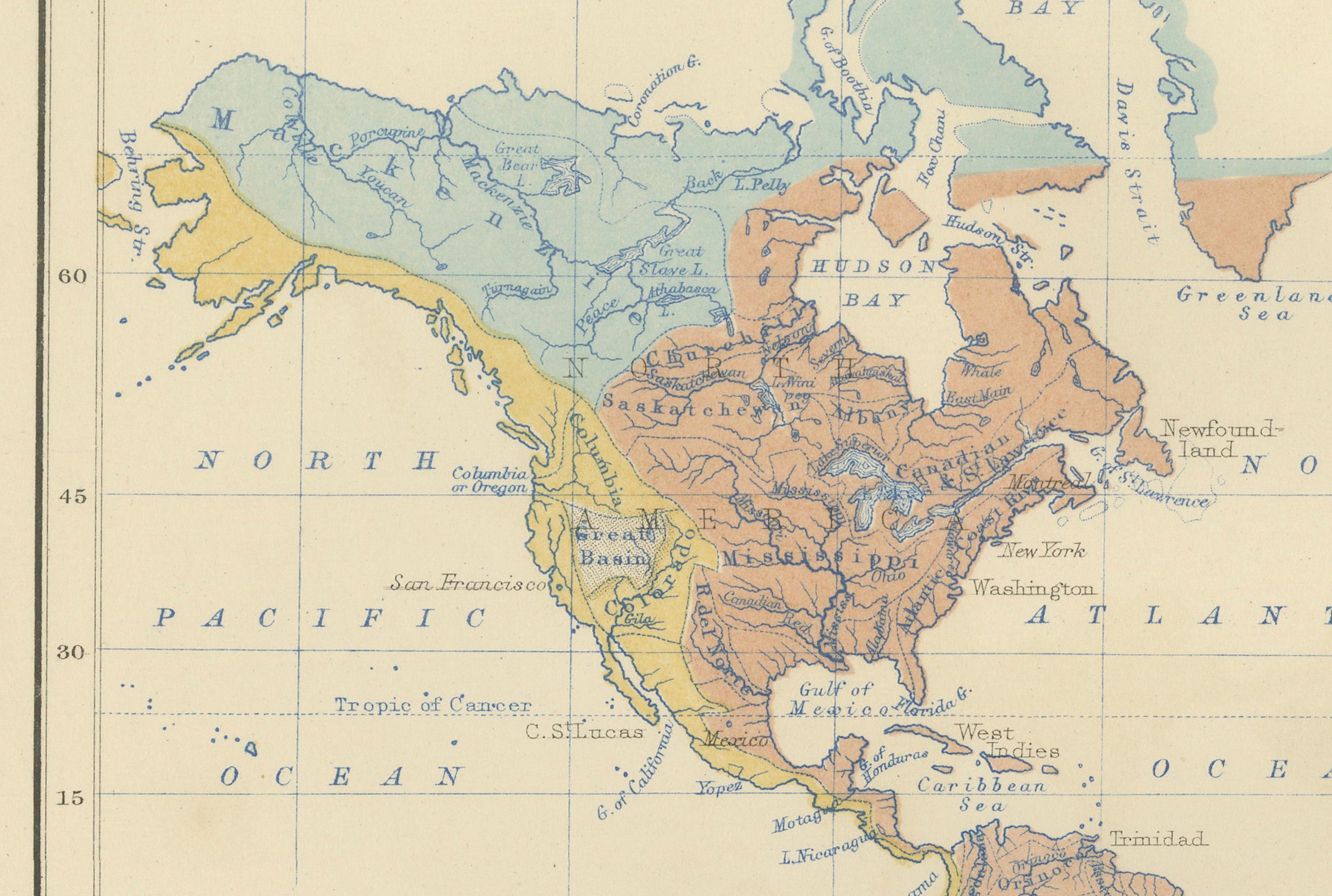 Paper River Systems Map of the World by A.K. Johnston – Educational Print 1852 For Sale