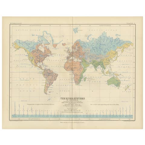 River Systems Map of the World by A.K. Johnston – Educational Print 1852