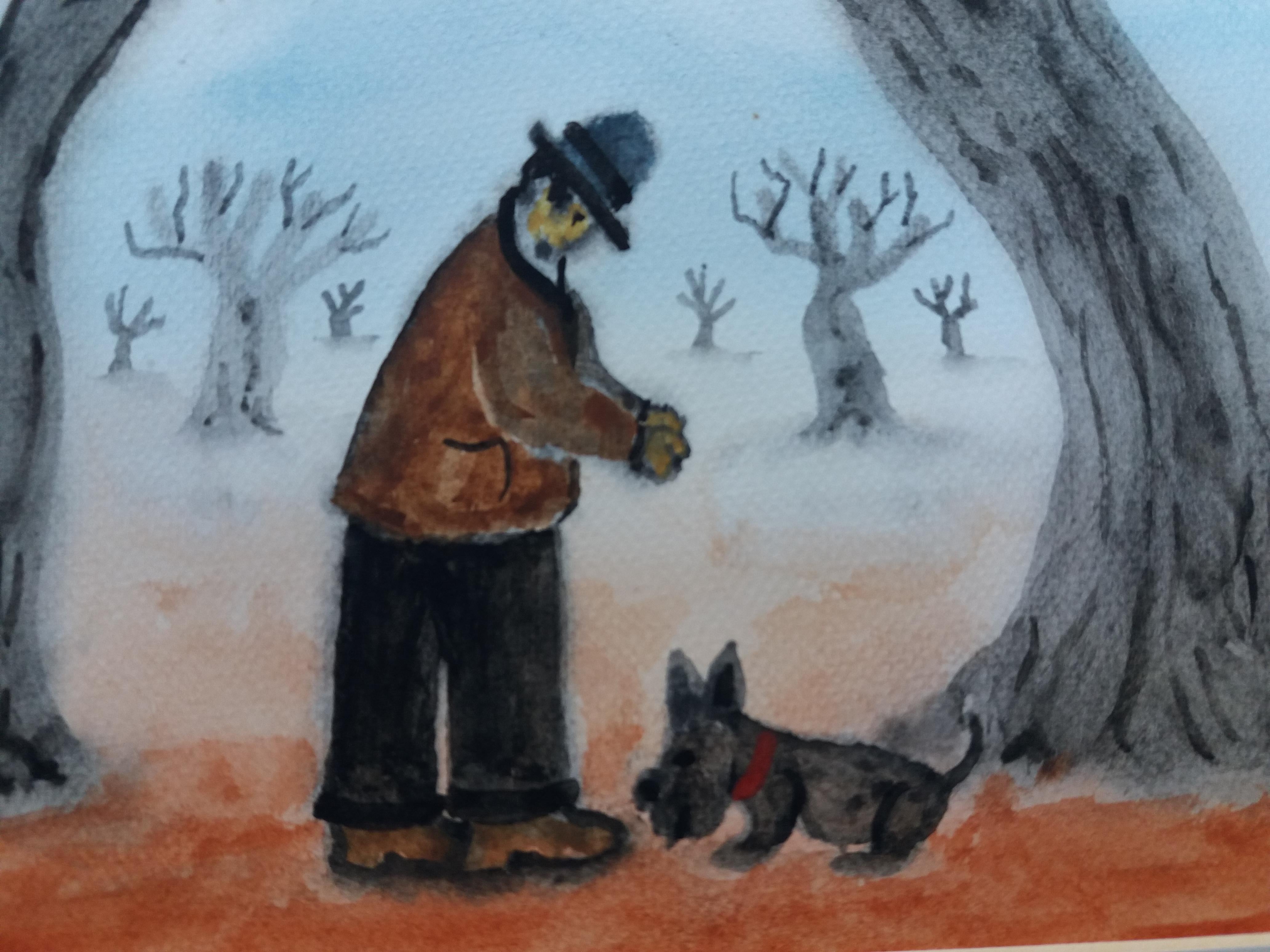 Rivera Bagur 8 Portare a spasso il cane in inverno  dipinto a pastello originale naif in vendita 1
