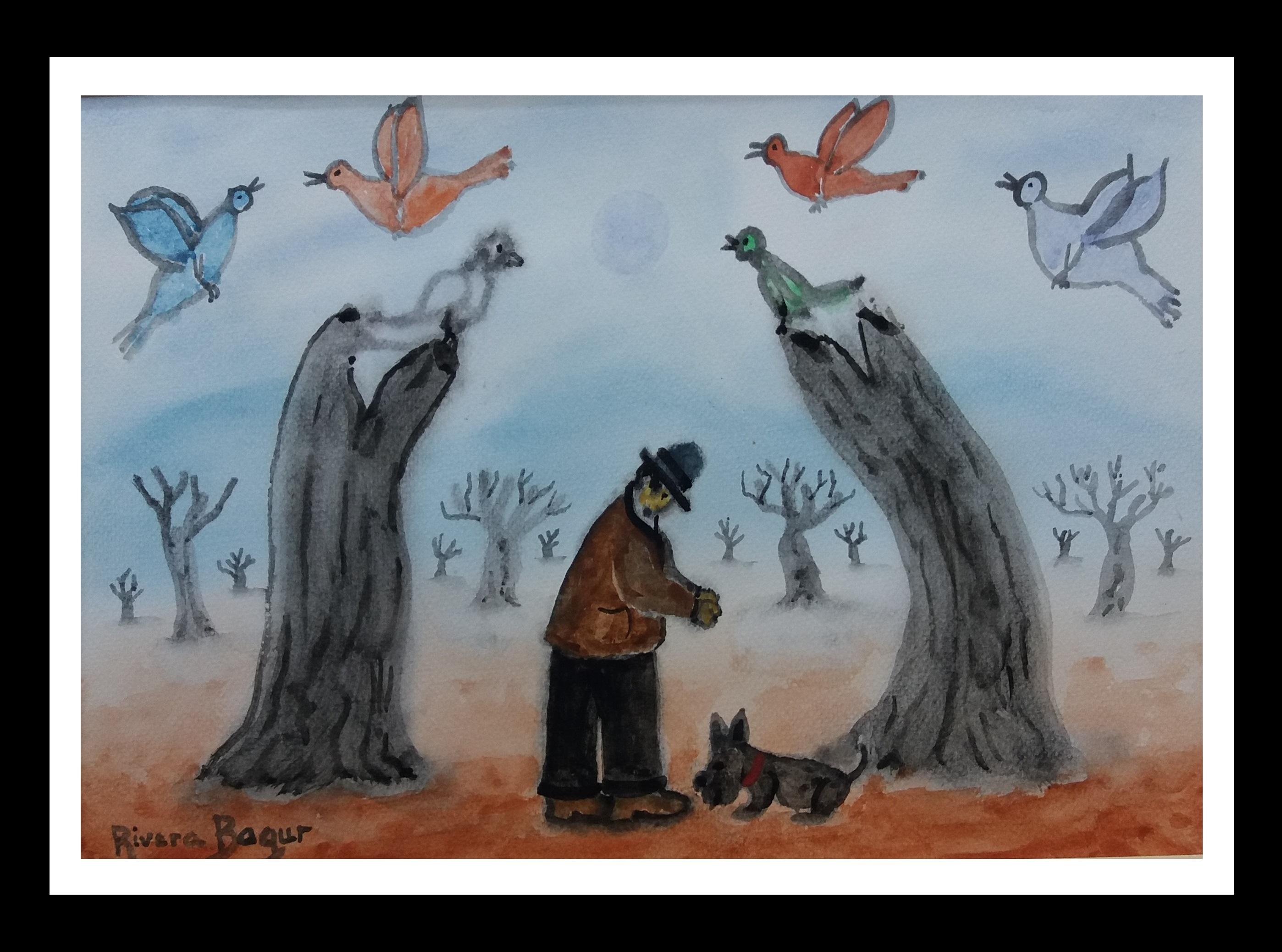 Rivera Bagur  PASEAR AL PERRO EN INVIERNO  pintura al pastel naif original - Painting de RIVERA BAGUR