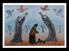 Rivera Bagur  PROMENER LE CHIEN EN THE WINTER  Peinture au pastel naïf d'origine