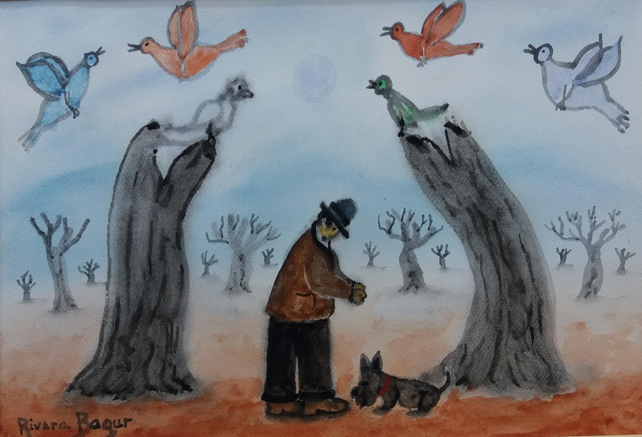 Rivera Bagur  PASEAR AL PERRO EN INVIERNO  pintura al pastel naif original - Painting De la posguerra de RIVERA BAGUR