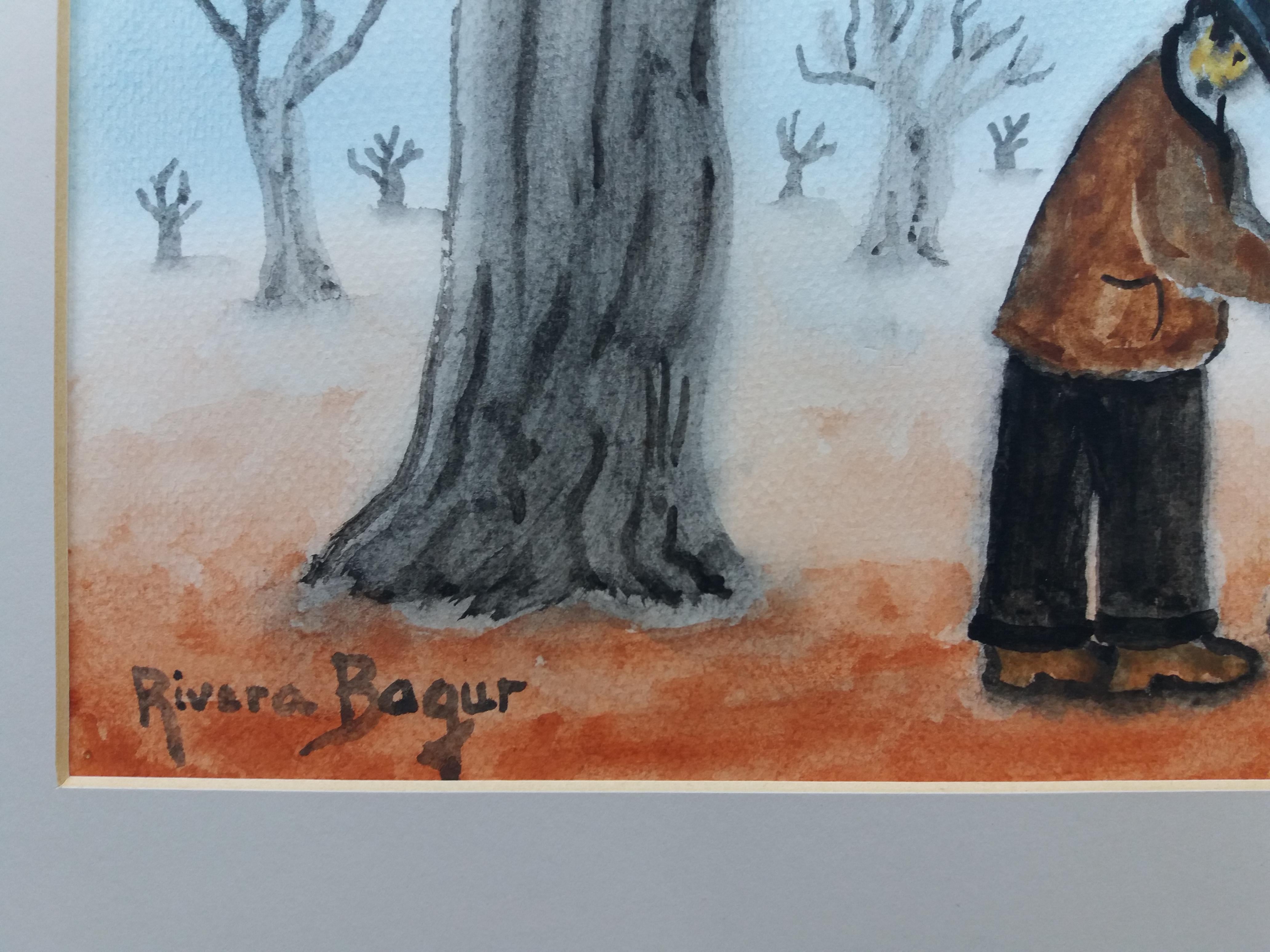 Rivera Bagur  PASEAR AL PERRO EN INVIERNO  pintura al pastel naif original - Figurative Painting Negro de RIVERA BAGUR