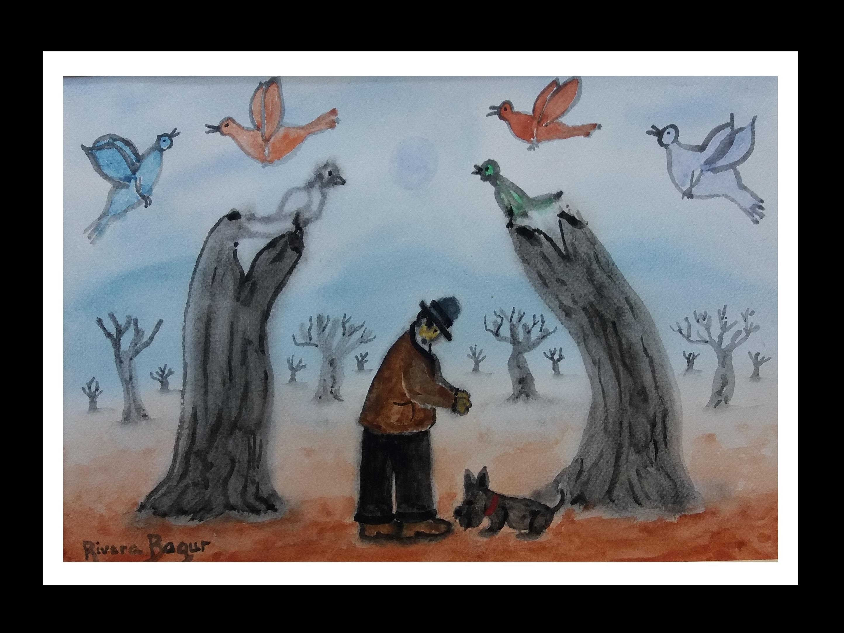 RIVERA BAGUR Figurative Painting - Rivera Bagur  WALKING THE DOG IN WINTER  original naif pastel painting