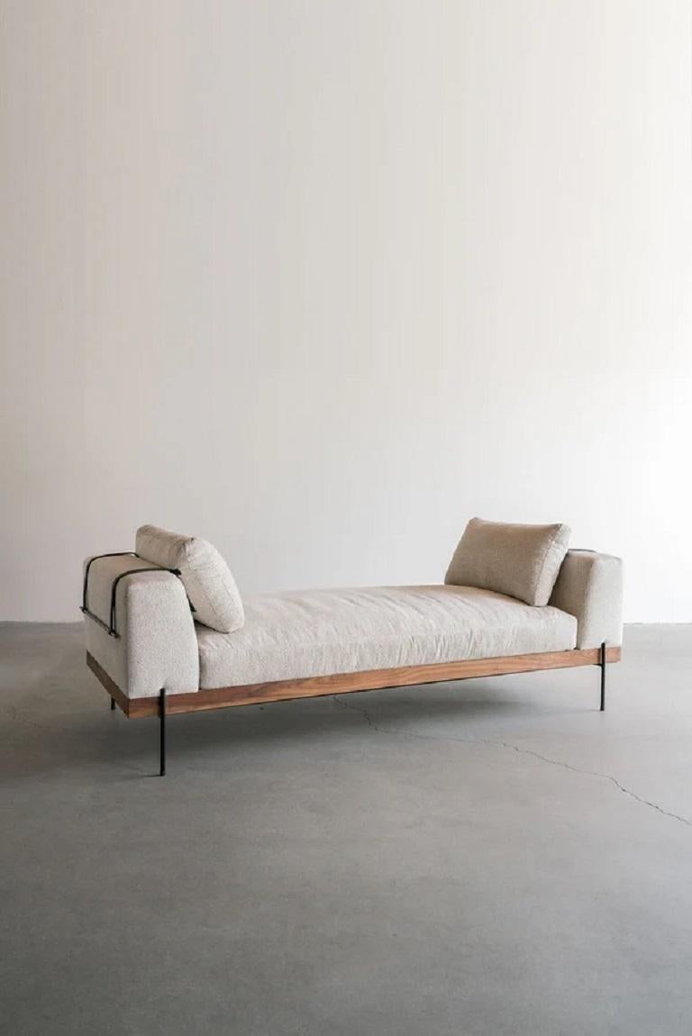 This daybed is custom made in Los Angeles. The wood frame is cut to size and joined. The upholstery is cut and sewn to shape of individual cushion. Industrial steel is cut and welded for legs.
INDUSTRIAL STEEL + DOWN + LEATHER PERFORMANCE HOME