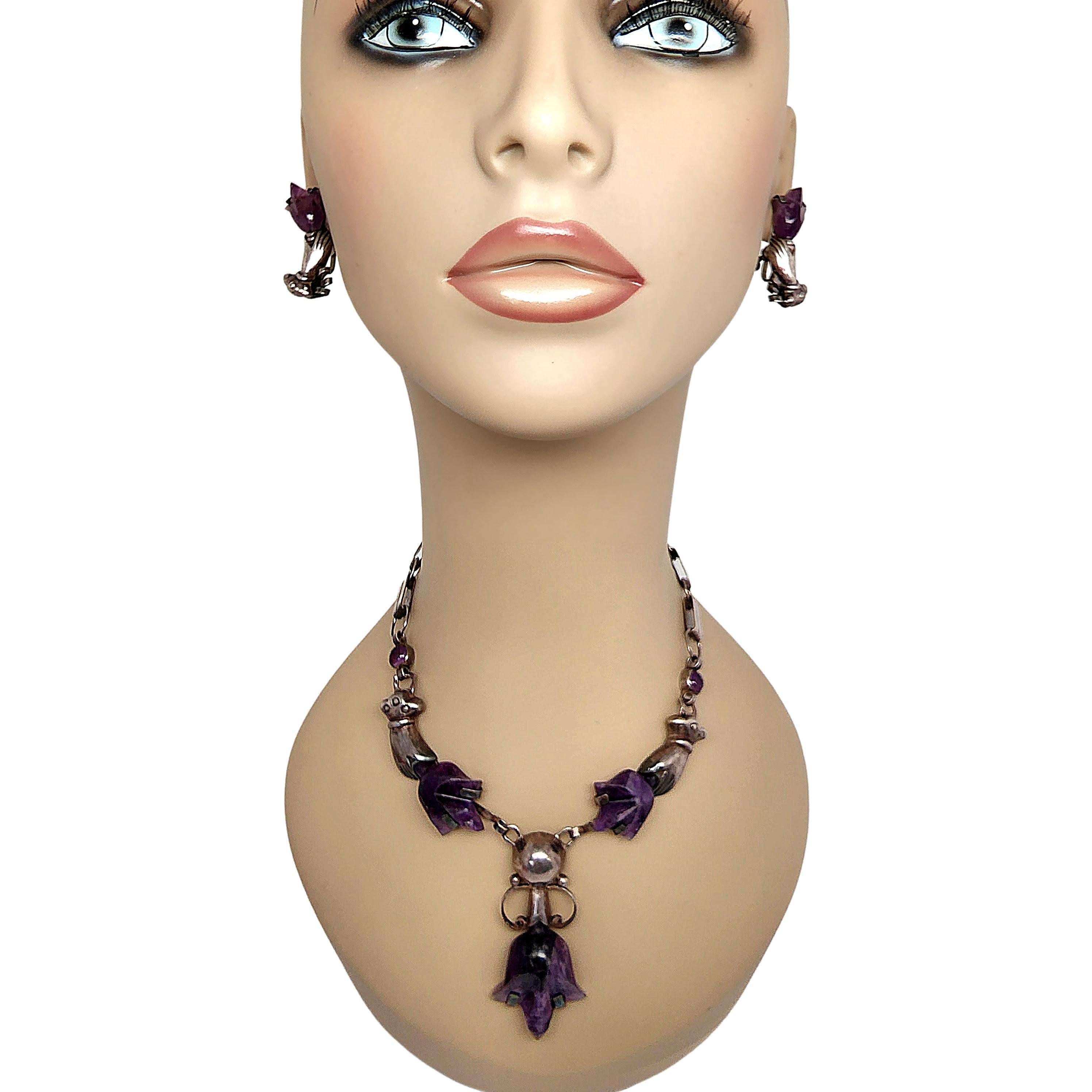 Rivera Taxco Sterling Amethyst Spratling Design Necklace & Earrings Set 1