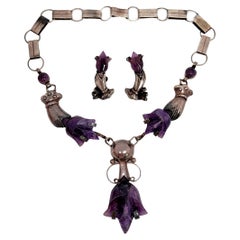 Rivera Taxco Sterling Amethyst Spratling Design Necklace & Earrings Set