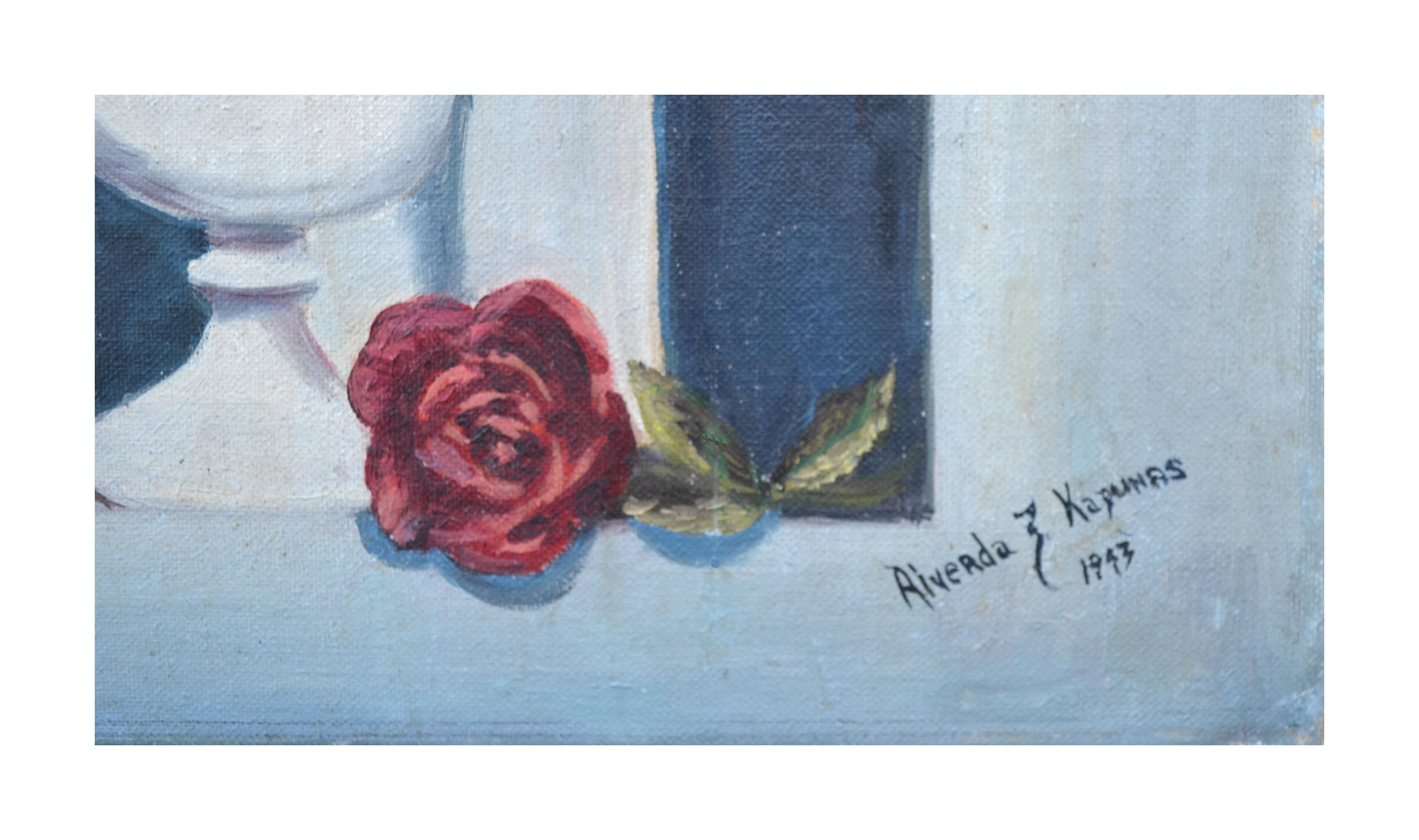 1940s Tromp L'oeil Bodegón Rosa y Amaranto en Alcoba - Painting moderno estadounidense de Riverda Kapunas
