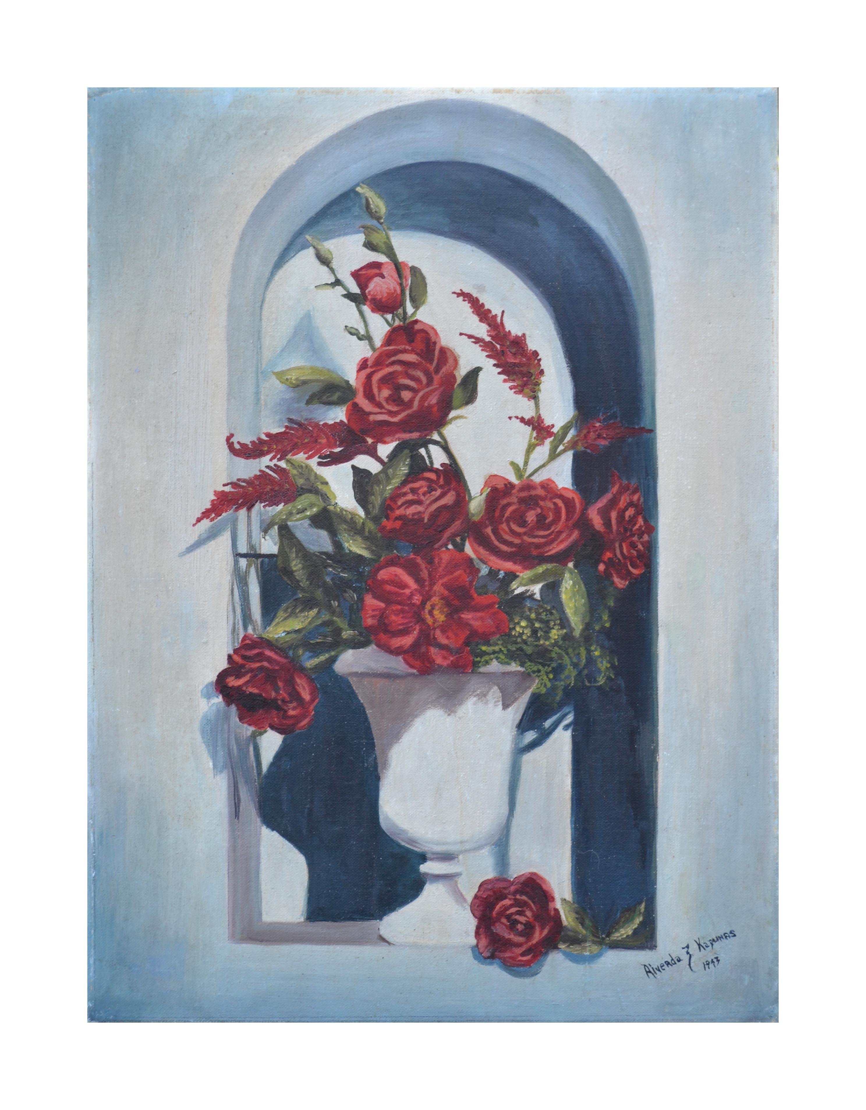 Still-Life Painting de Riverda Kapunas - 1940s Tromp L'oeil Bodegón Rosa y Amaranto en Alcoba
