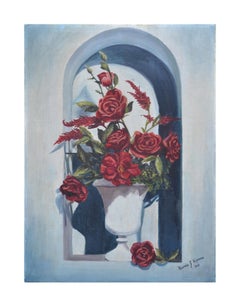Nature morte Tromp L'Oeil des années 1940 Rose et amarante dans une alcôve
