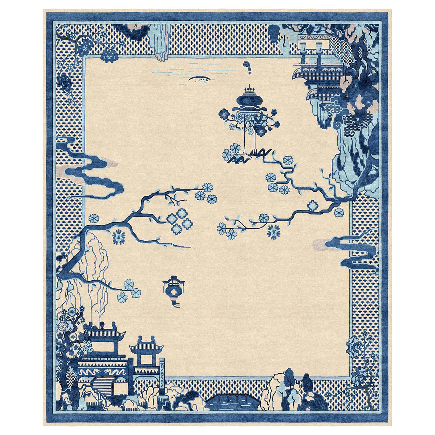 Blue Beige Chinoiserie Rug Traditional Wool Silk Rug - Riverhouse Antique Sand For Sale