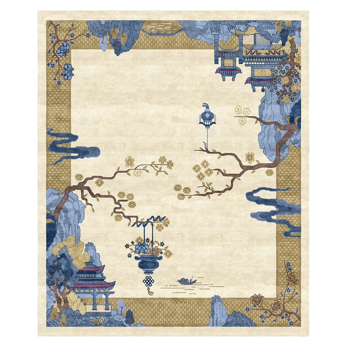 Chinoiserie Rug Hand Knotted Wool Silk - Riverhouse Celeste Silky Weaving For Sale