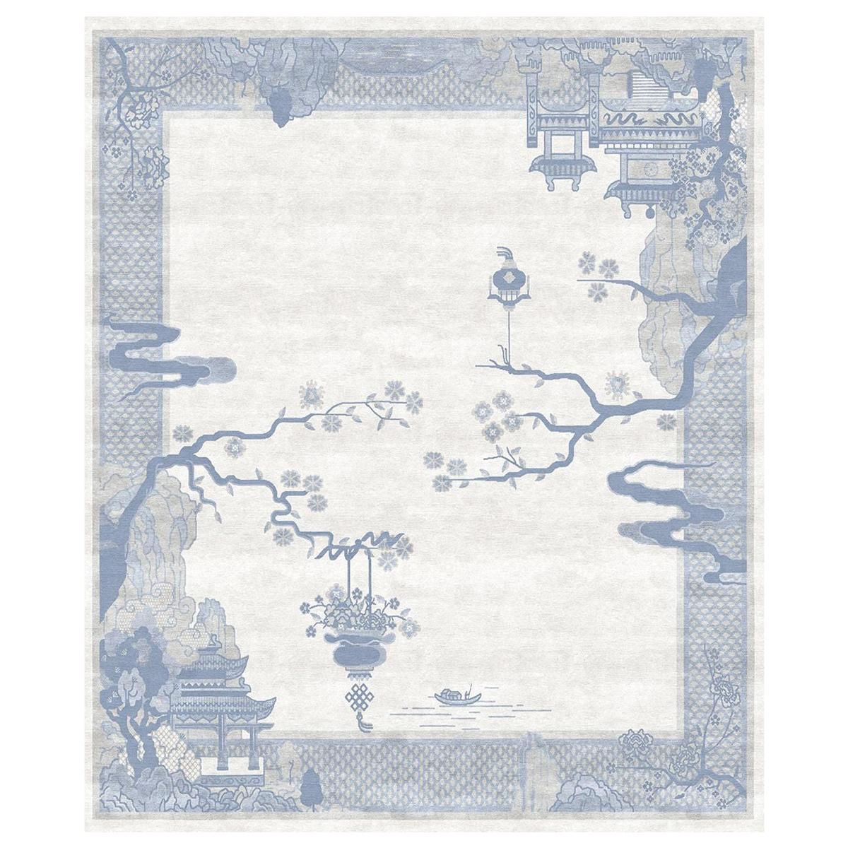 White Blue Rug for Bedroom Natural Wool Silk - Riverhouse Nebula Silky Weaving For Sale