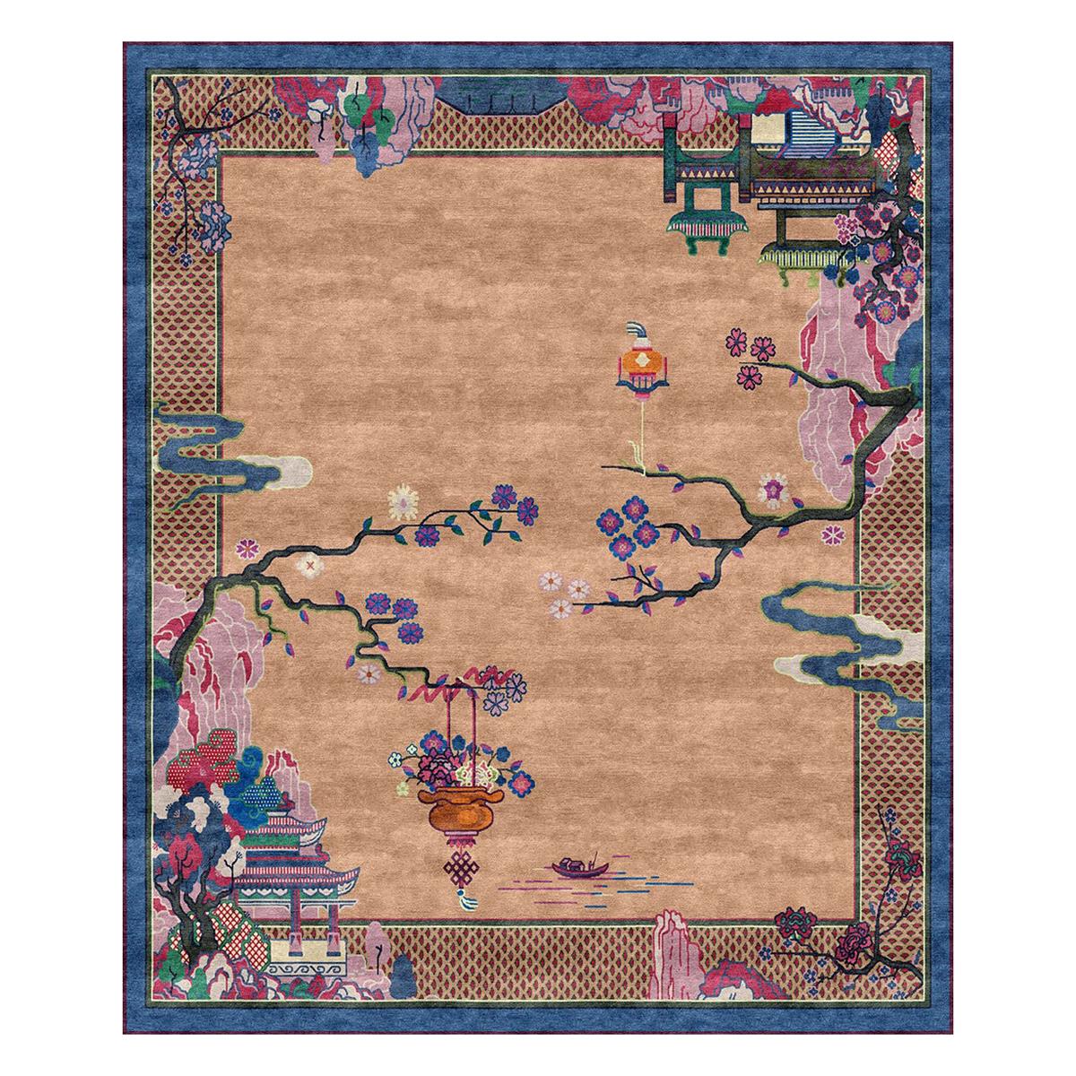 Traditional Chinoiserie Hand Knotted Wool Silk Rug - Riverhouse Spring Garden For Sale