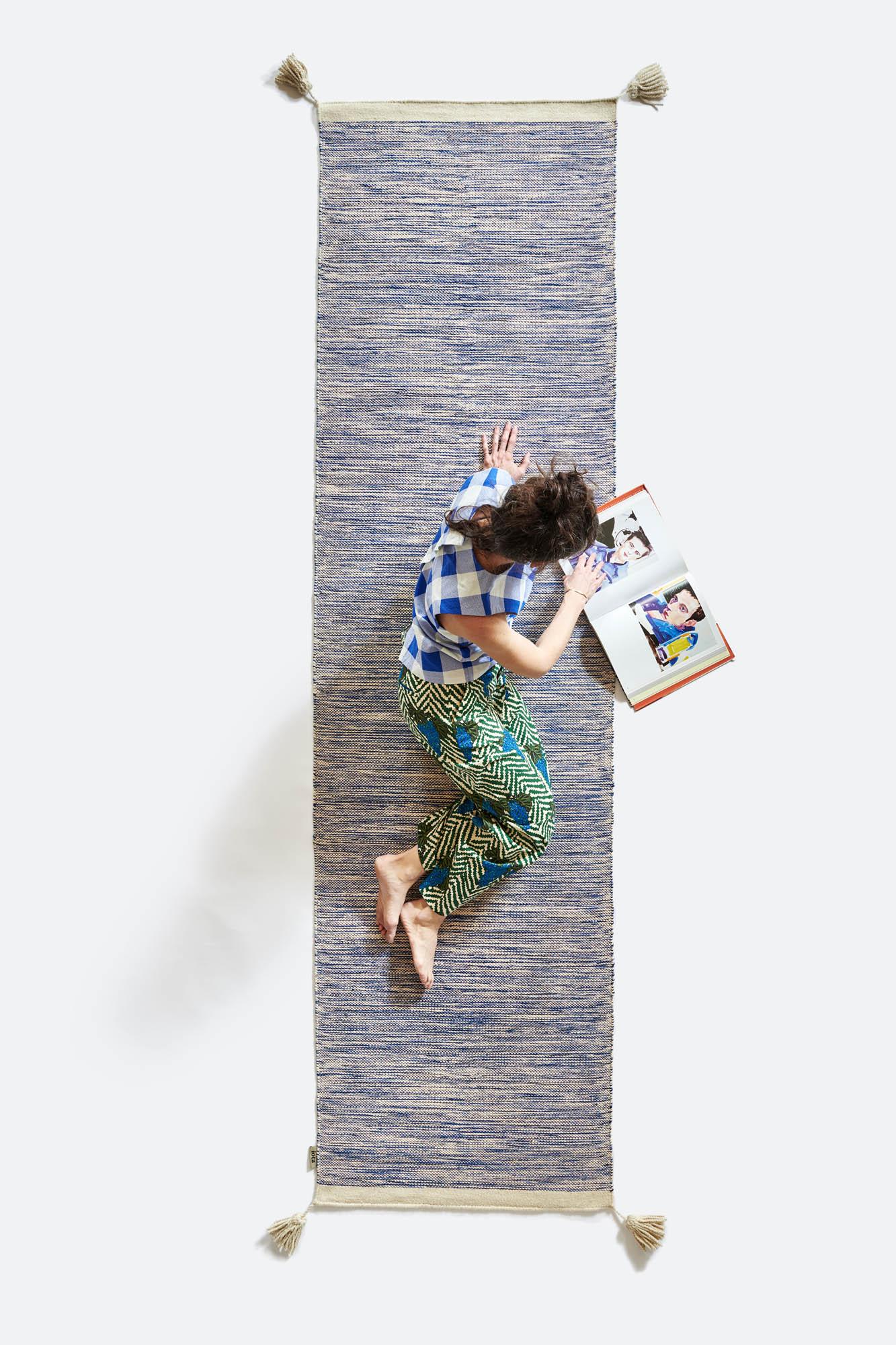 Israeli 'Rivers' Handmade Woven Indoor Runner Rug in Blue Sand by Iota For Sale