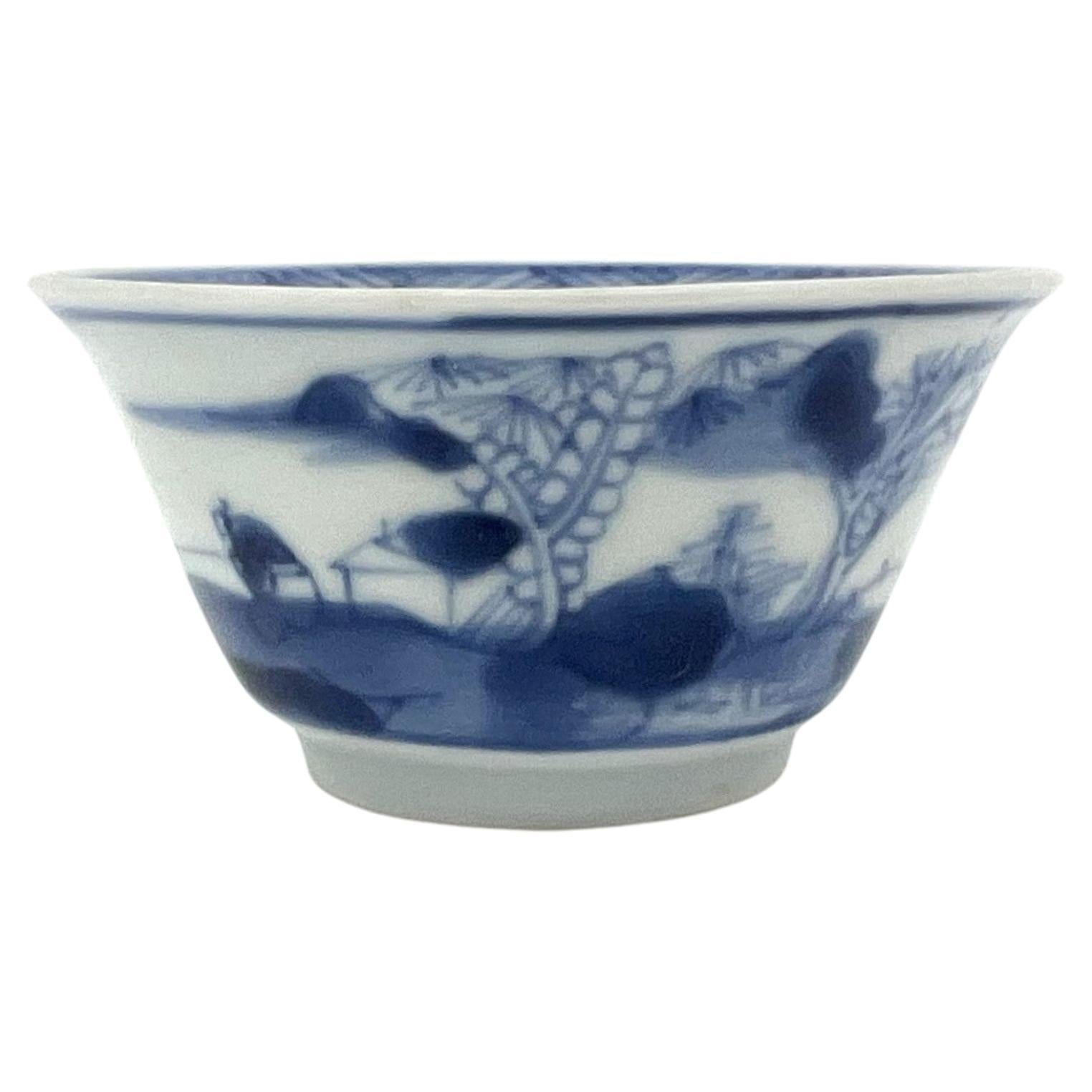 Riverscape Blue and White Teabowl, Circa 1725, Qing Dynasty, Yongzheng Reign. For Sale