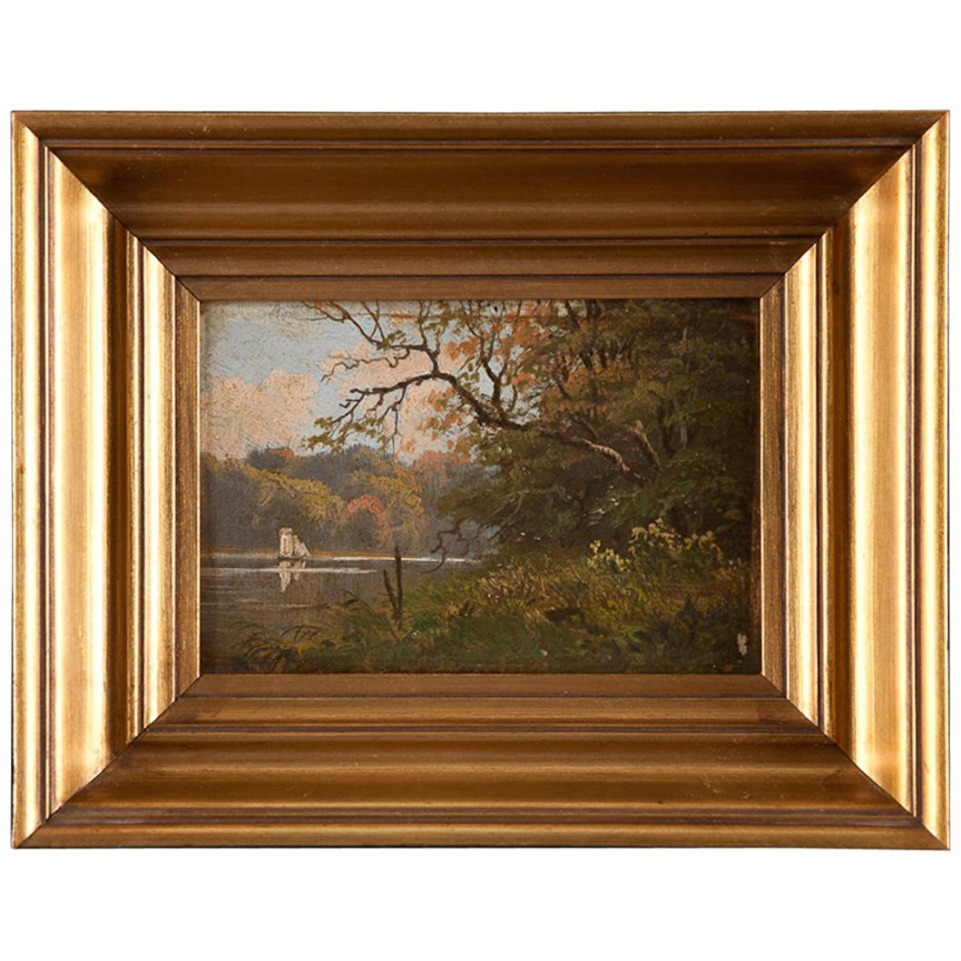 "Riverscape with Sailboat and Forest", Oil on Panel Small Painting, 19th Century