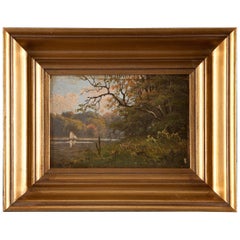 Antique "Riverscape with Sailboat and Forest", Oil on Panel Small Painting, 19th Century