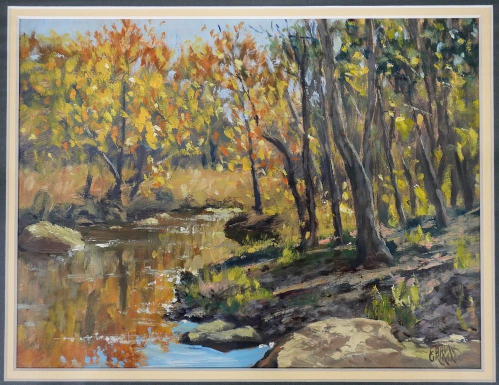 Oil on board autumn riverside landscape study by Brian Grimm (Texas).  Signed lower right corner.  Displayed in weathered wood frame with double mat, opening 11.5