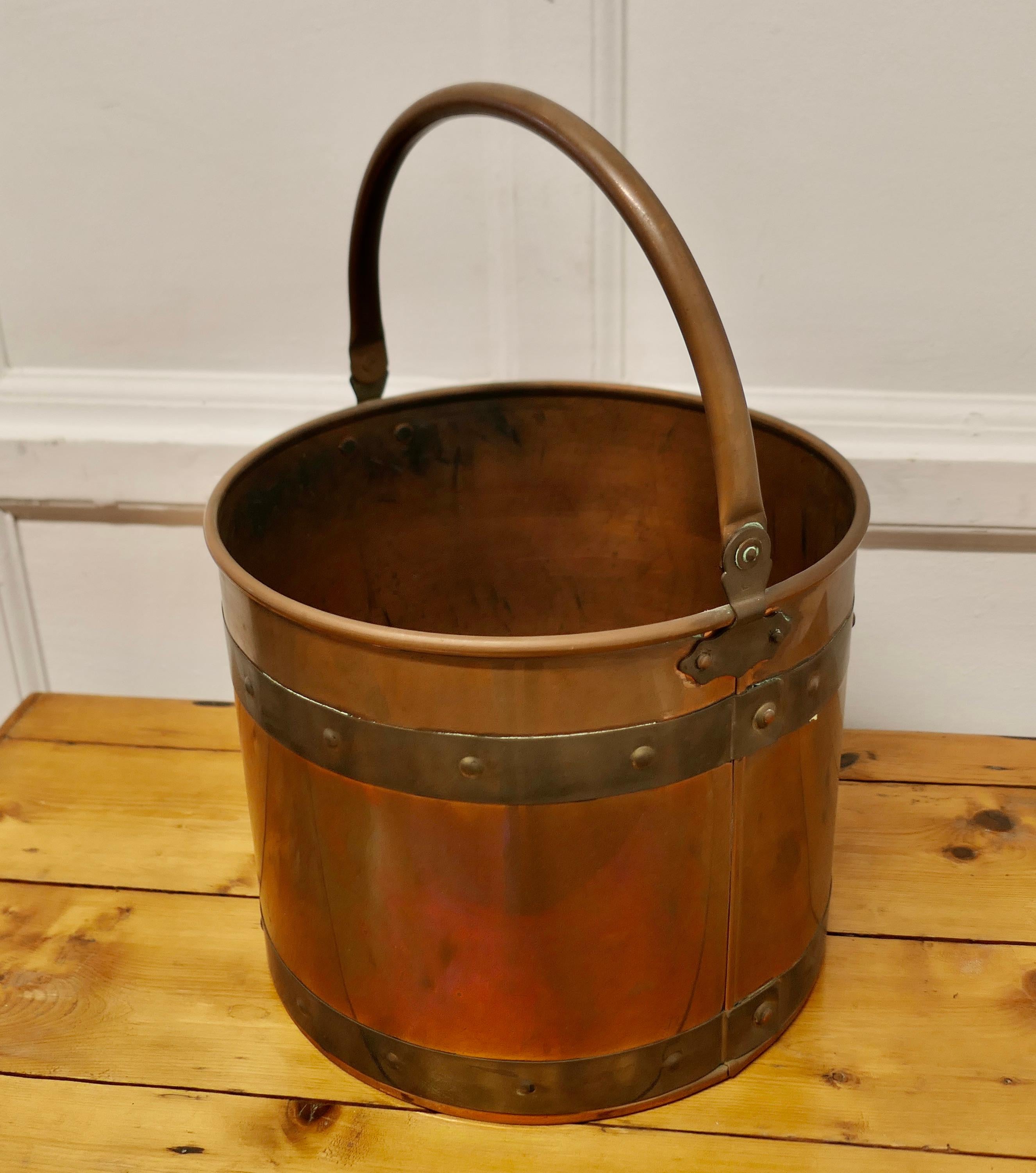 Art Deco Riveted Copper and Brass Coal Bucket     For Sale
