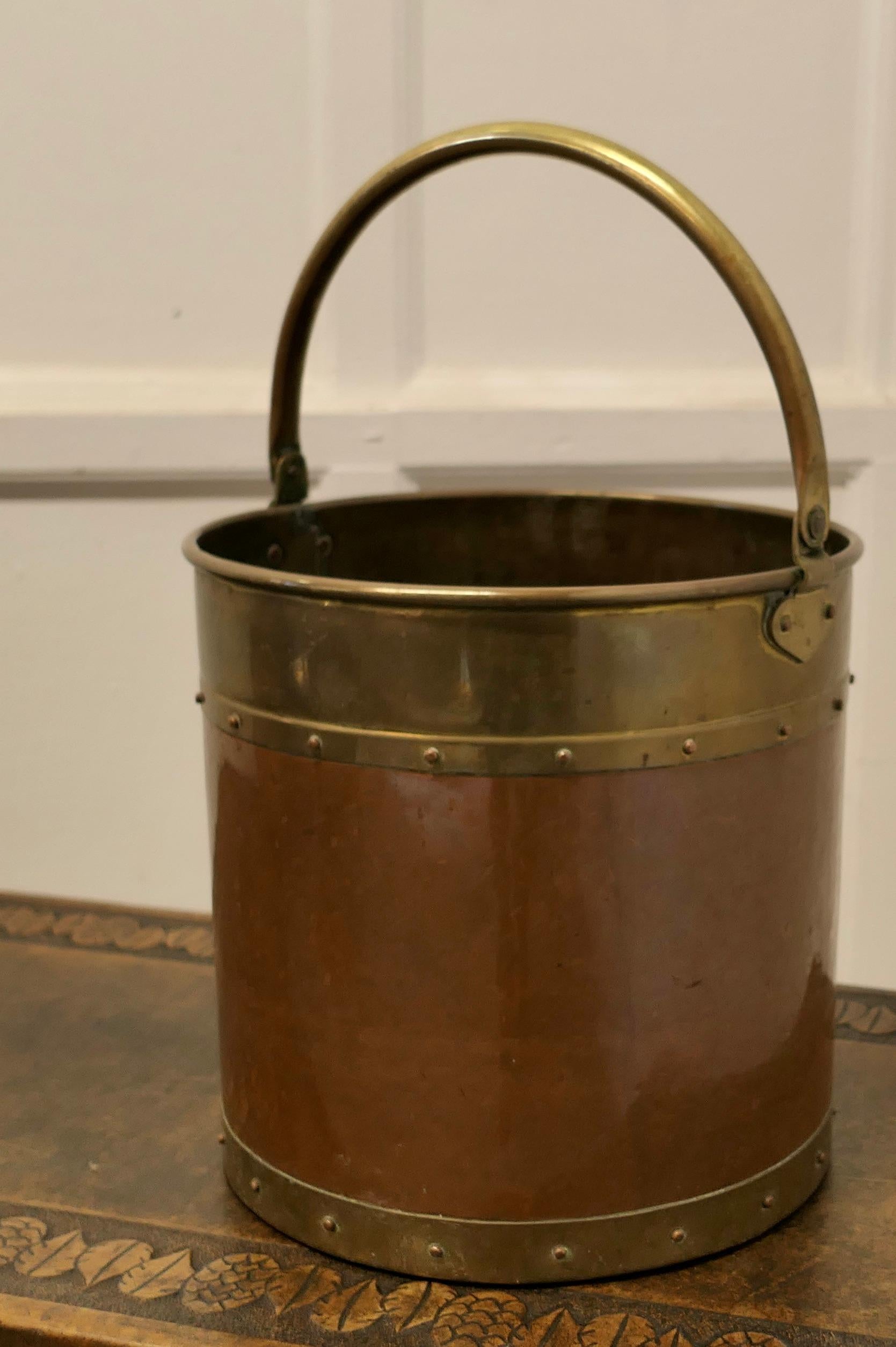Early 20th Century Riveted Copper and Brass Coal Bucket