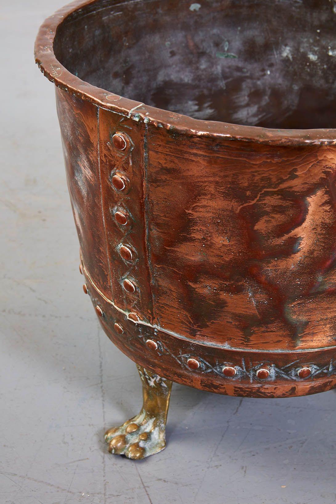 Georgian Riveted Copper Log Bin with Brass Paw Feet For Sale