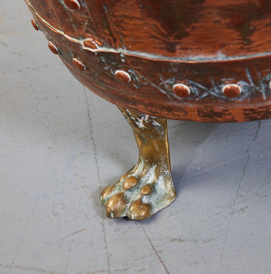 English Riveted Copper Log Bin with Brass Paw Feet For Sale