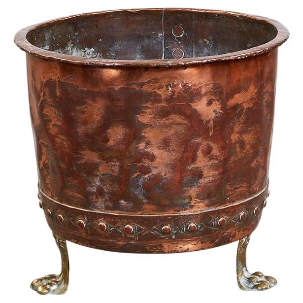 Riveted Copper Log Bin with Brass Paw Feet For Sale